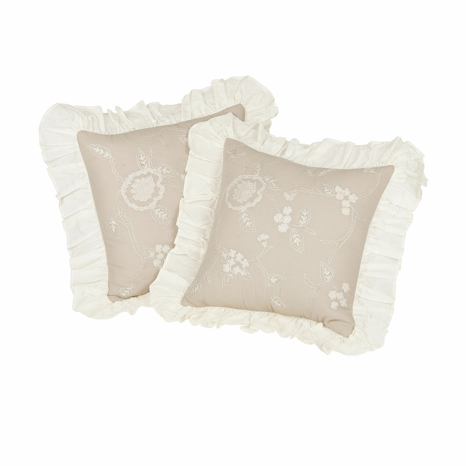 Lot de 2 housses de coussins Clarissa Coussin décoratif beige en coton avec broderie blanche et volant, style vintage élégant
