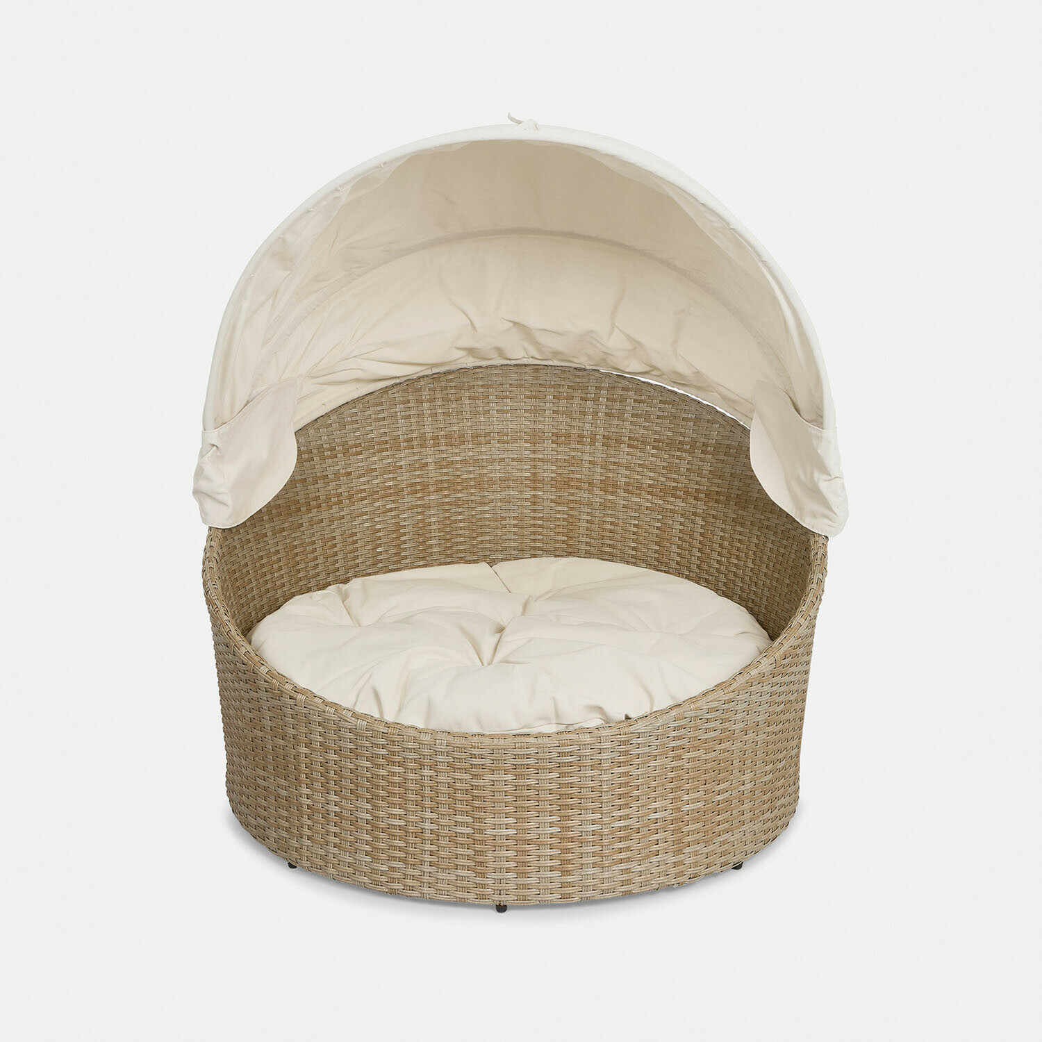 Panier d’intérieur et d’extérieur pour animaux Brinelza Fauteuil rond en rotin beige avec coussin crème et auvent, mobilier d'extérieur confortable