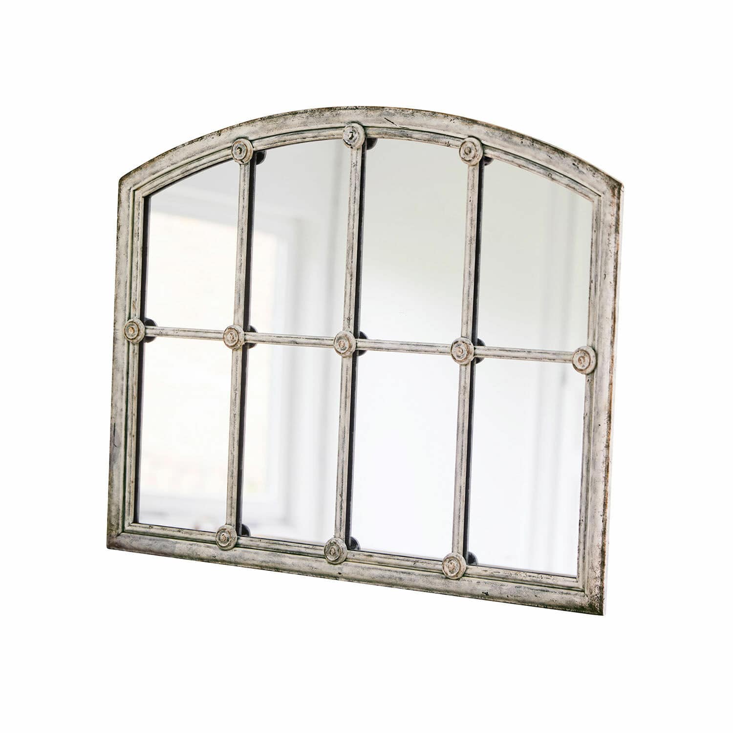 Miroir Tobiah Miroir mural avec cadre vieilli gris et décorations rondes, divisé en huit sections