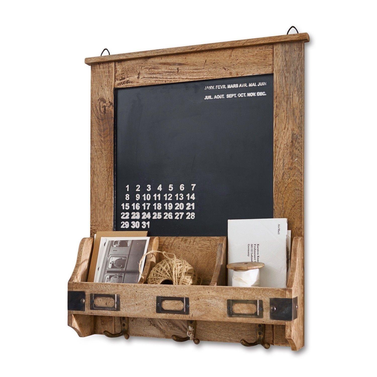 Organiseur Taney Tableau en bois avec calendrier, compartiments pour courrier et crochets pour clés murales