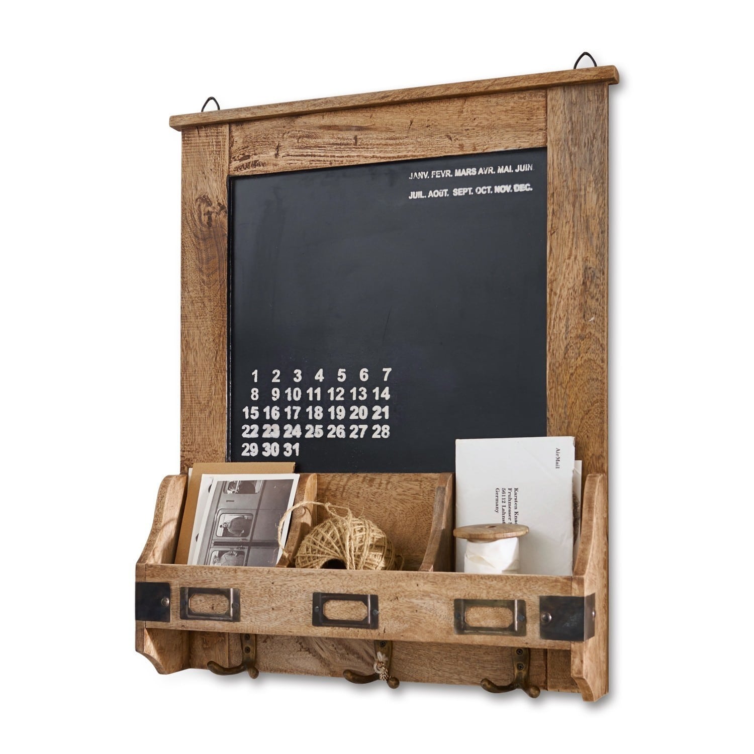 Organiseur Taney Tableau en bois avec calendrier, compartiments pour courrier et crochets pour clés murales