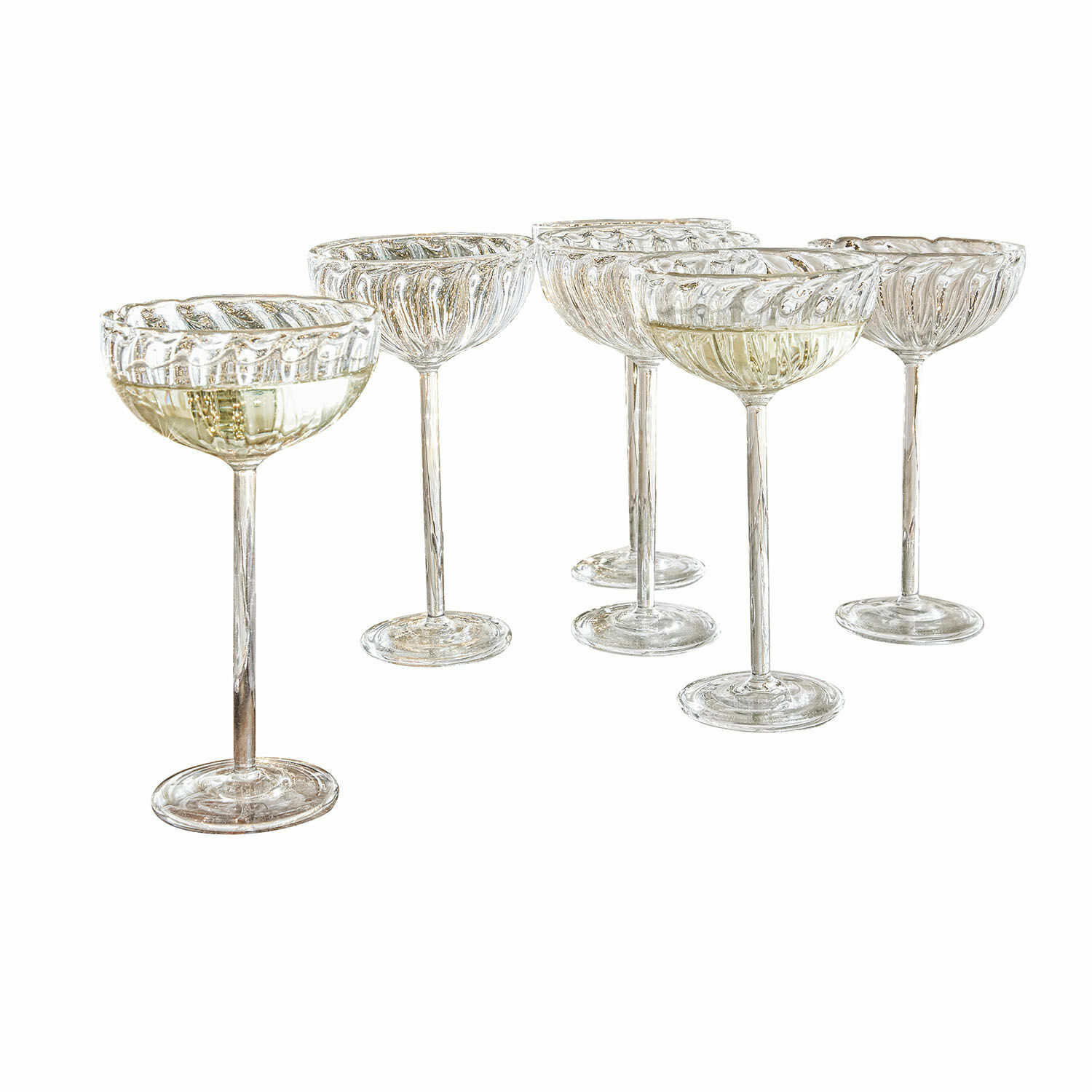 Lot de 6 verres Bavella Ensemble de six coupes à champagne en verre transparent avec motif décoratif élégant