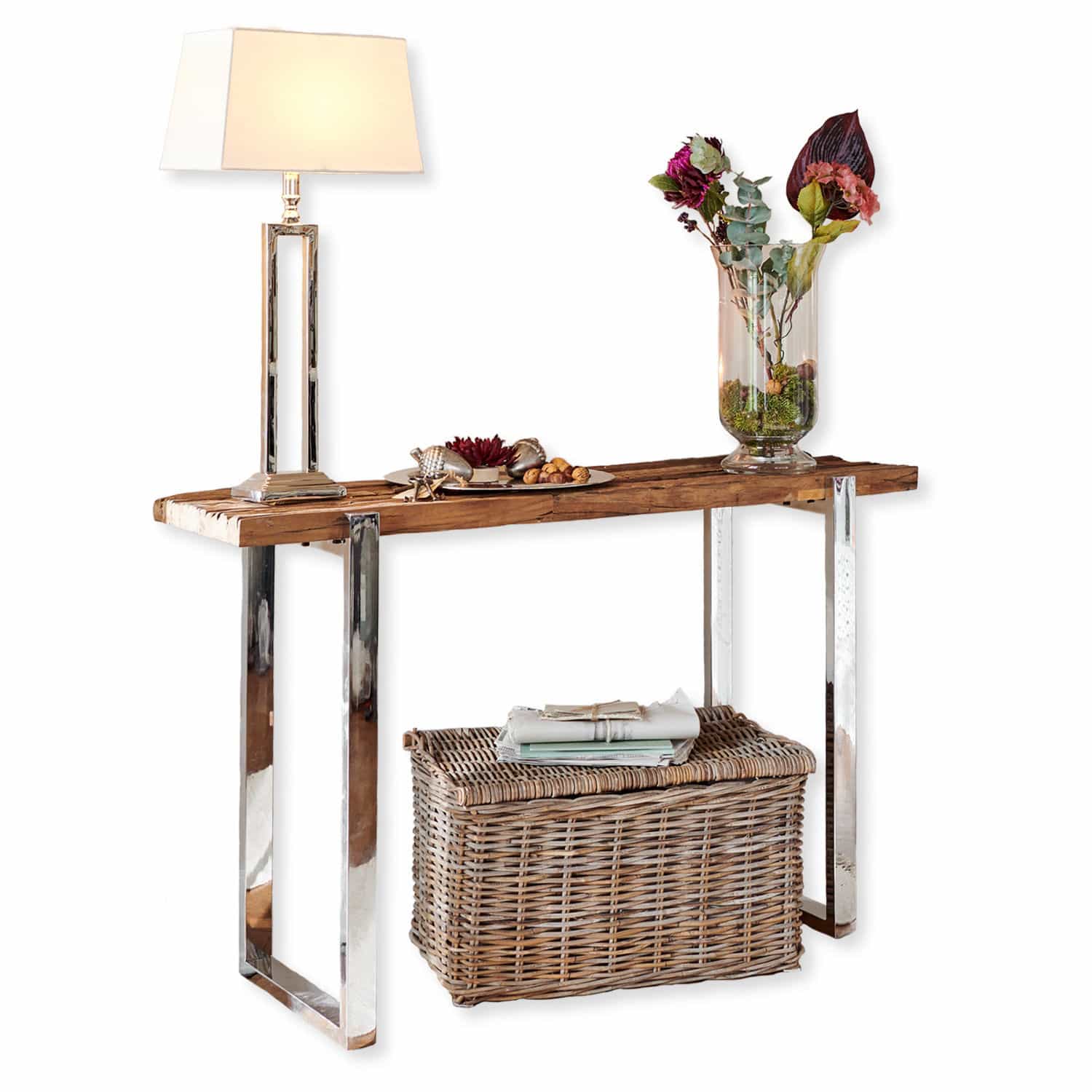 Console Holistres Console avec plateau en bois et pieds en métal, décorée d'une lampe et d'un vase fleuri