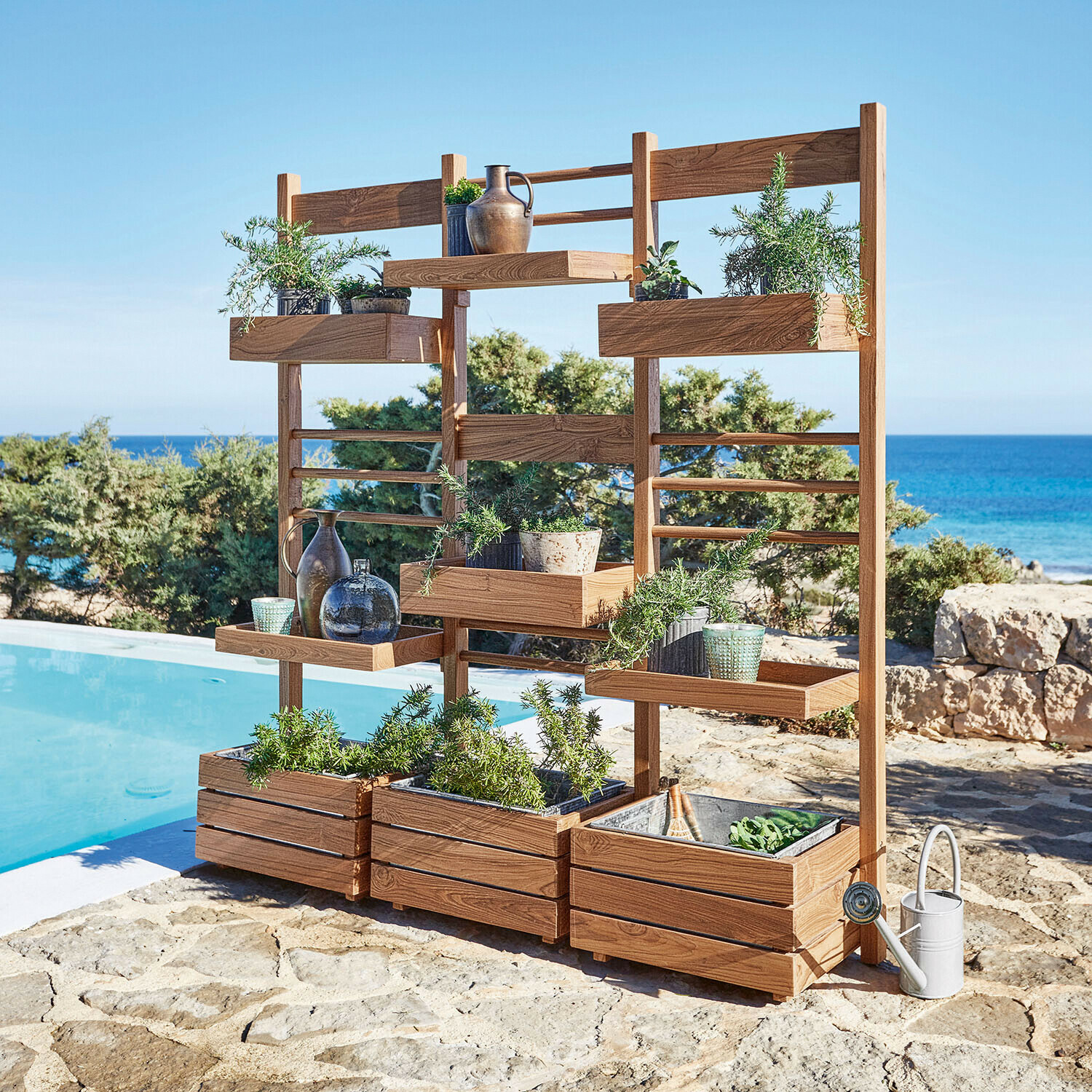 Étagère à plantes Lutry Jardinière en bois avec étagères pour herbes et décorations, couleur naturelle, idéale pour jardin et terrasse