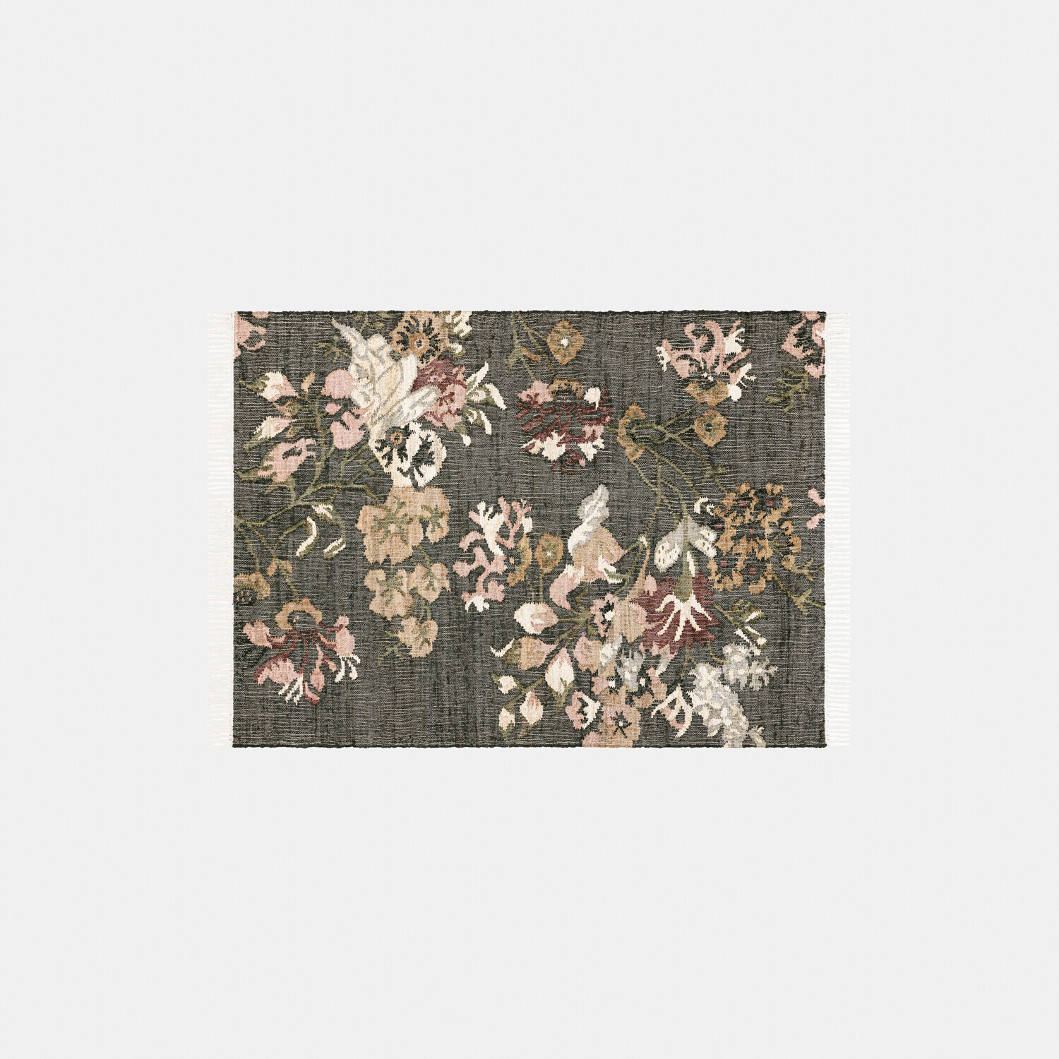 Tapis Yasirah Tapis à motif floral aux couleurs pastel sur fond gris foncé avec franges sur les côtés