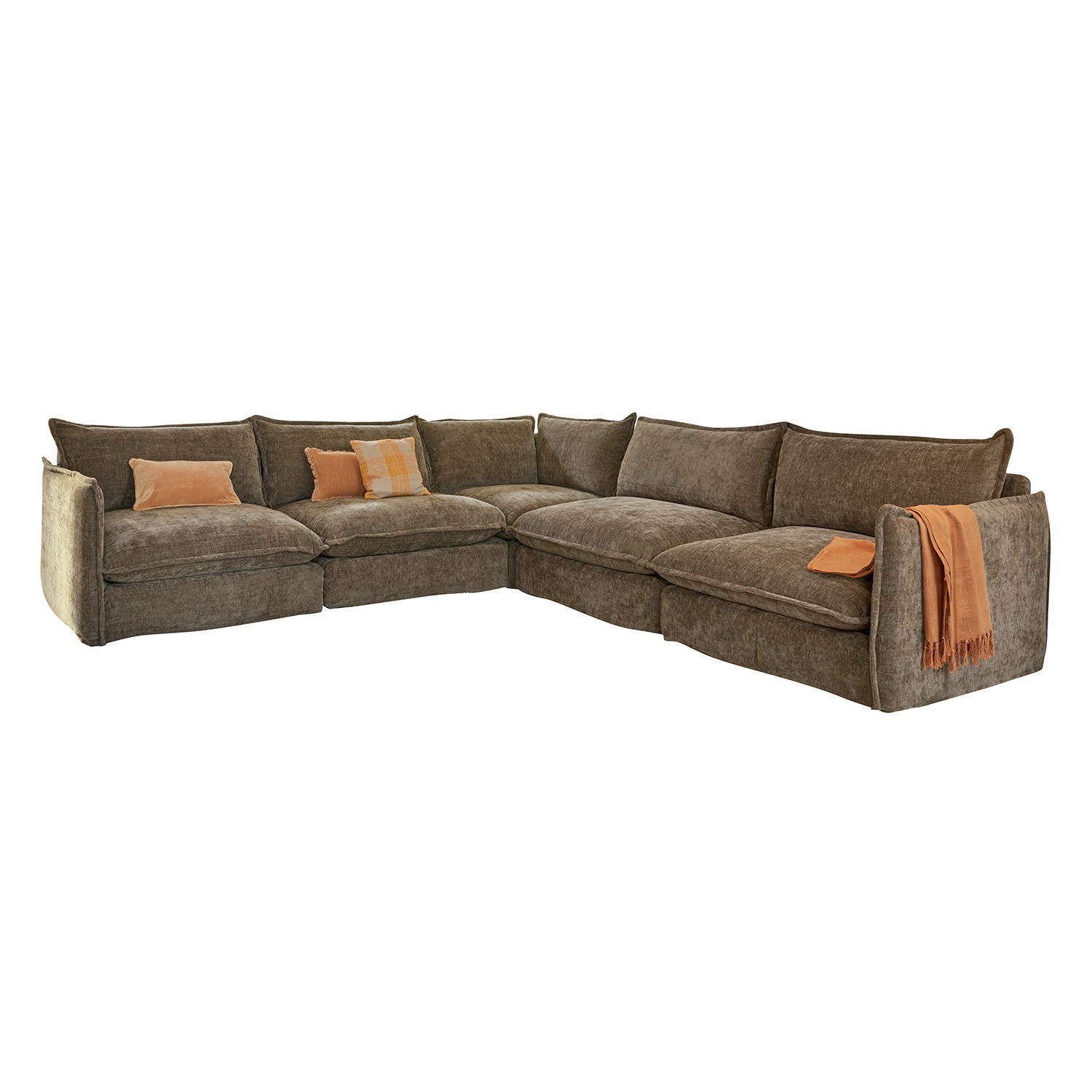 Canapé Illingworth Grand canapé d'angle en tissu marron avec coussins moelleux et accessoires orange