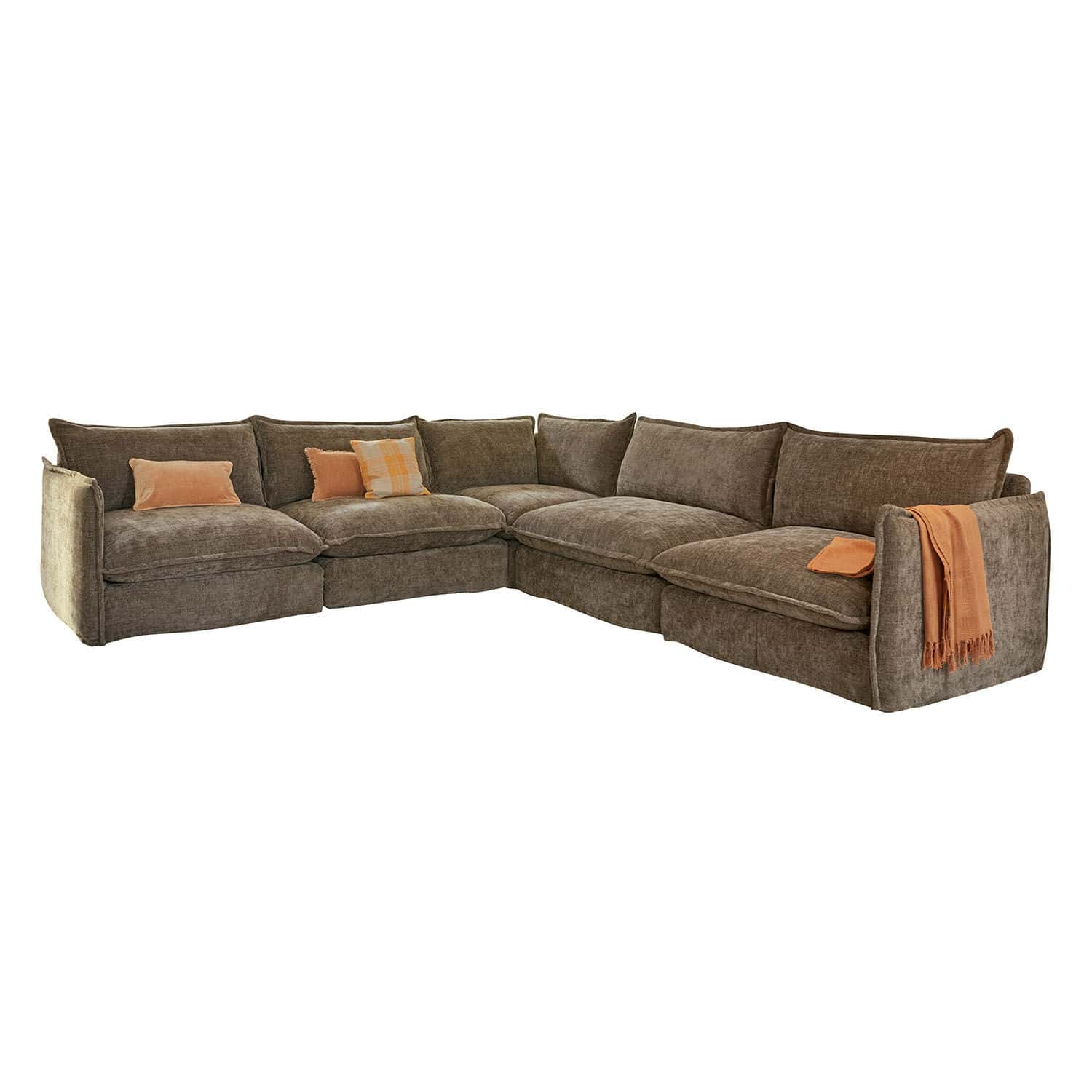 Canapé Illingworth Grand canapé d'angle en tissu marron avec coussins moelleux et accessoires orange