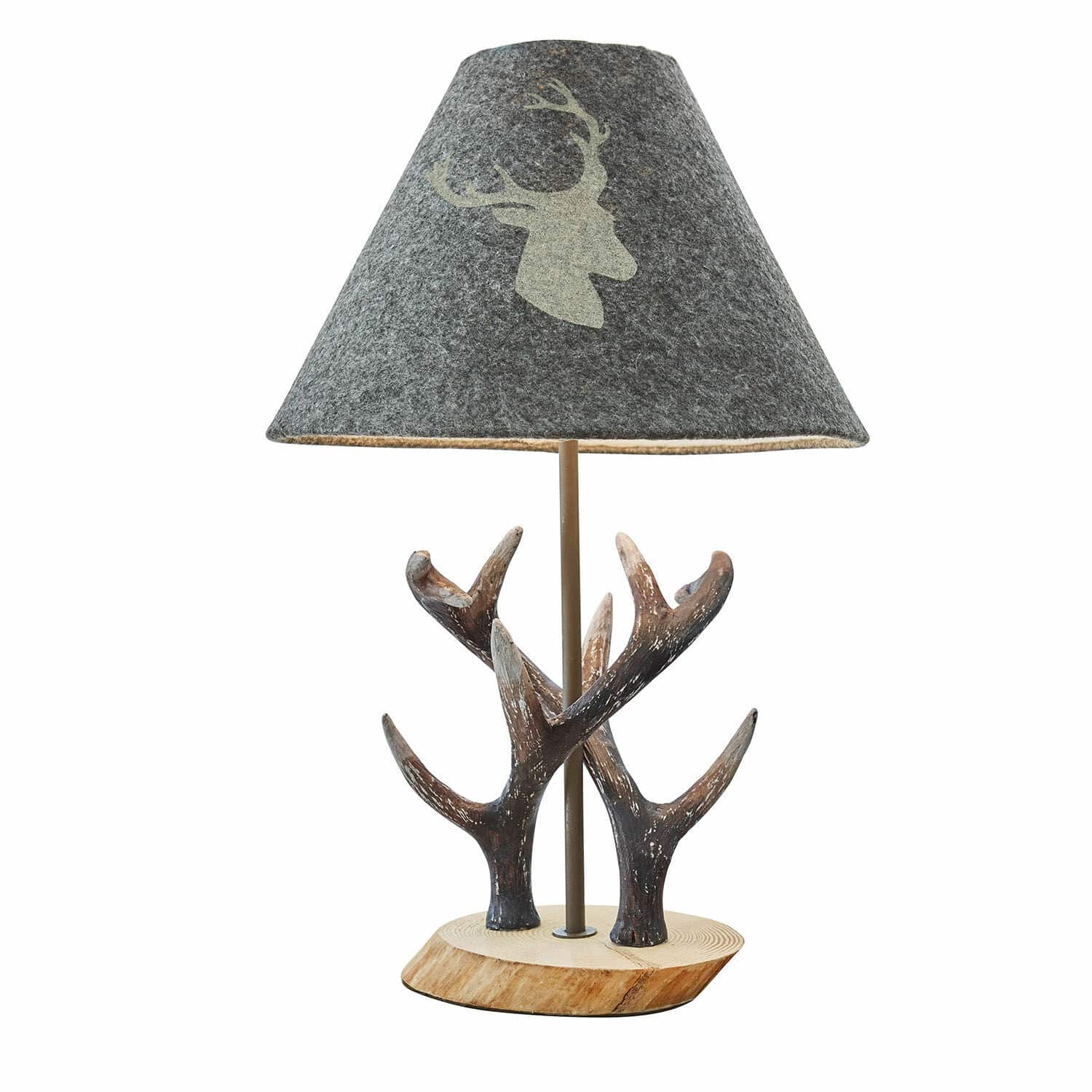 Lampe à poser Lodge Lampe de table avec base en bois et décor en bois de cerf, abat-jour gris avec motif cerf, éclairage décoratif