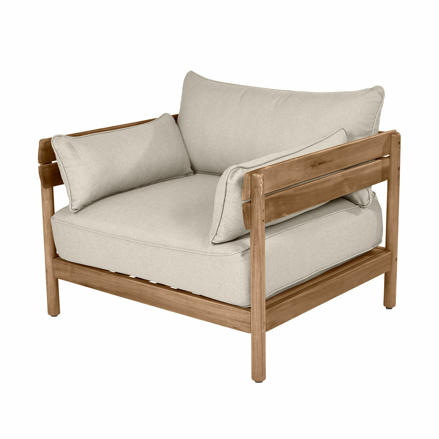 Fauteuil FSC®-100% Montivaux Fauteuil en tissu beige clair avec structure en bois naturel pour salon moderne