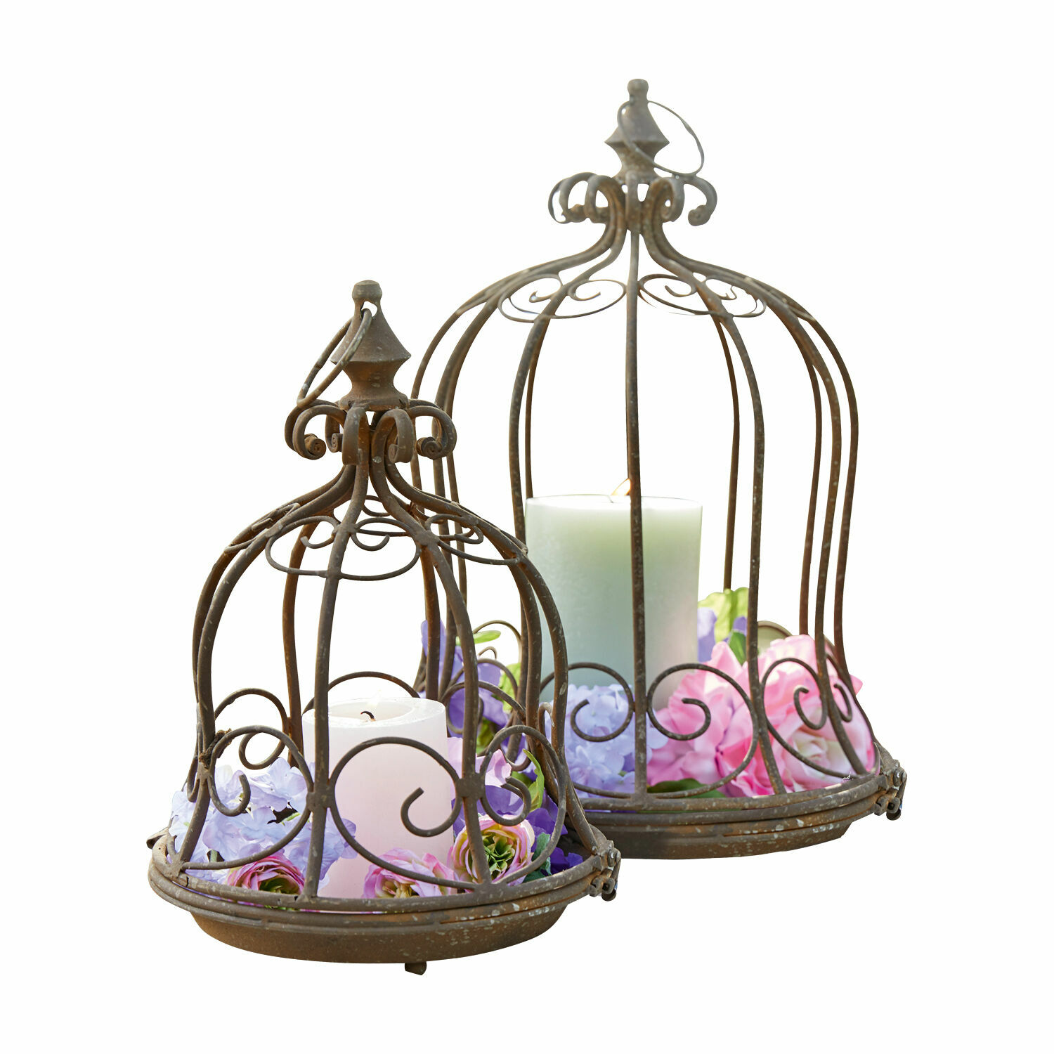 Ensemble de 2 cages décoratives en métal brun avec bougies blanches et fleurs pour intérieur et jardin
