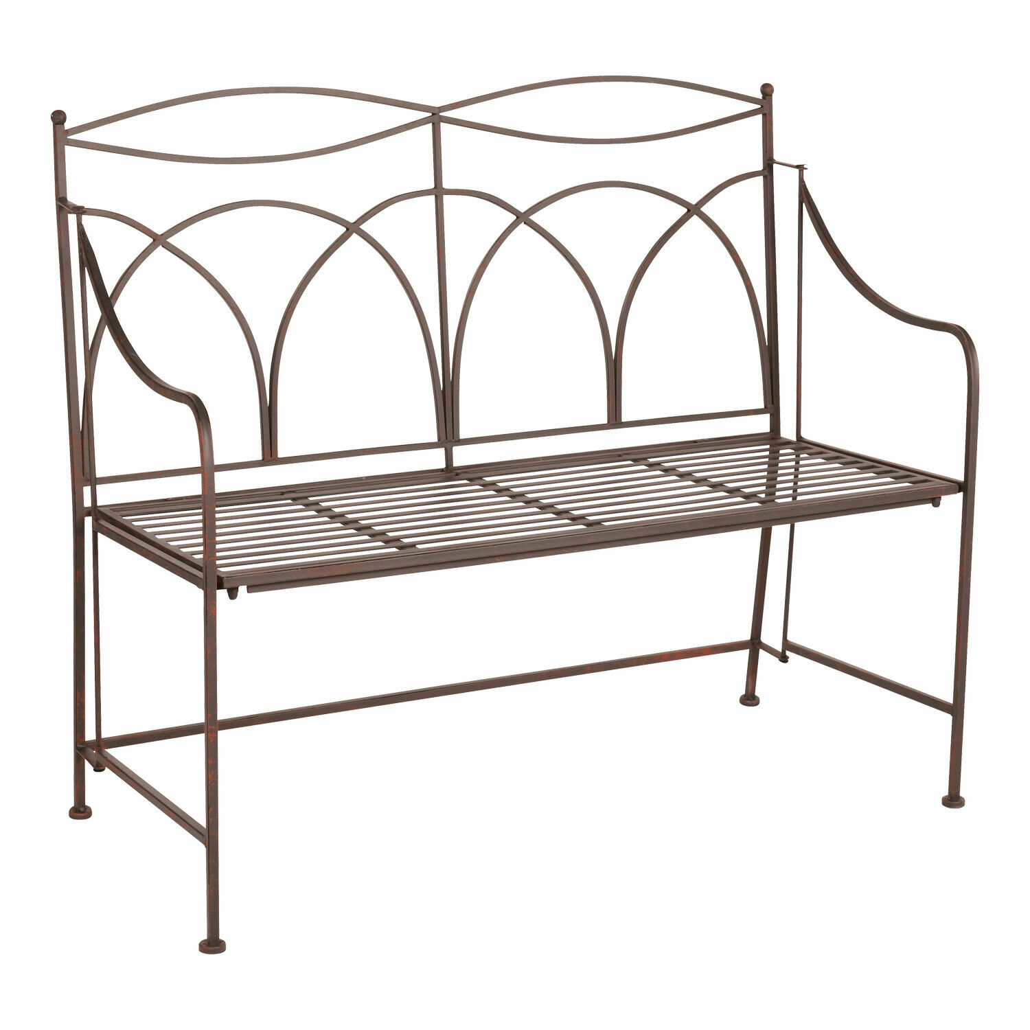 Banc Jablines Banc de jardin en métal brun rouille avec dossier décoratif et accoudoirs pour extérieur
