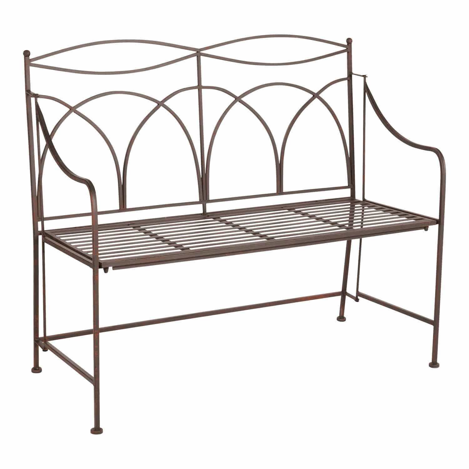 Banc Jablines Banc de jardin en métal brun rouille avec dossier décoratif et accoudoirs pour extérieur