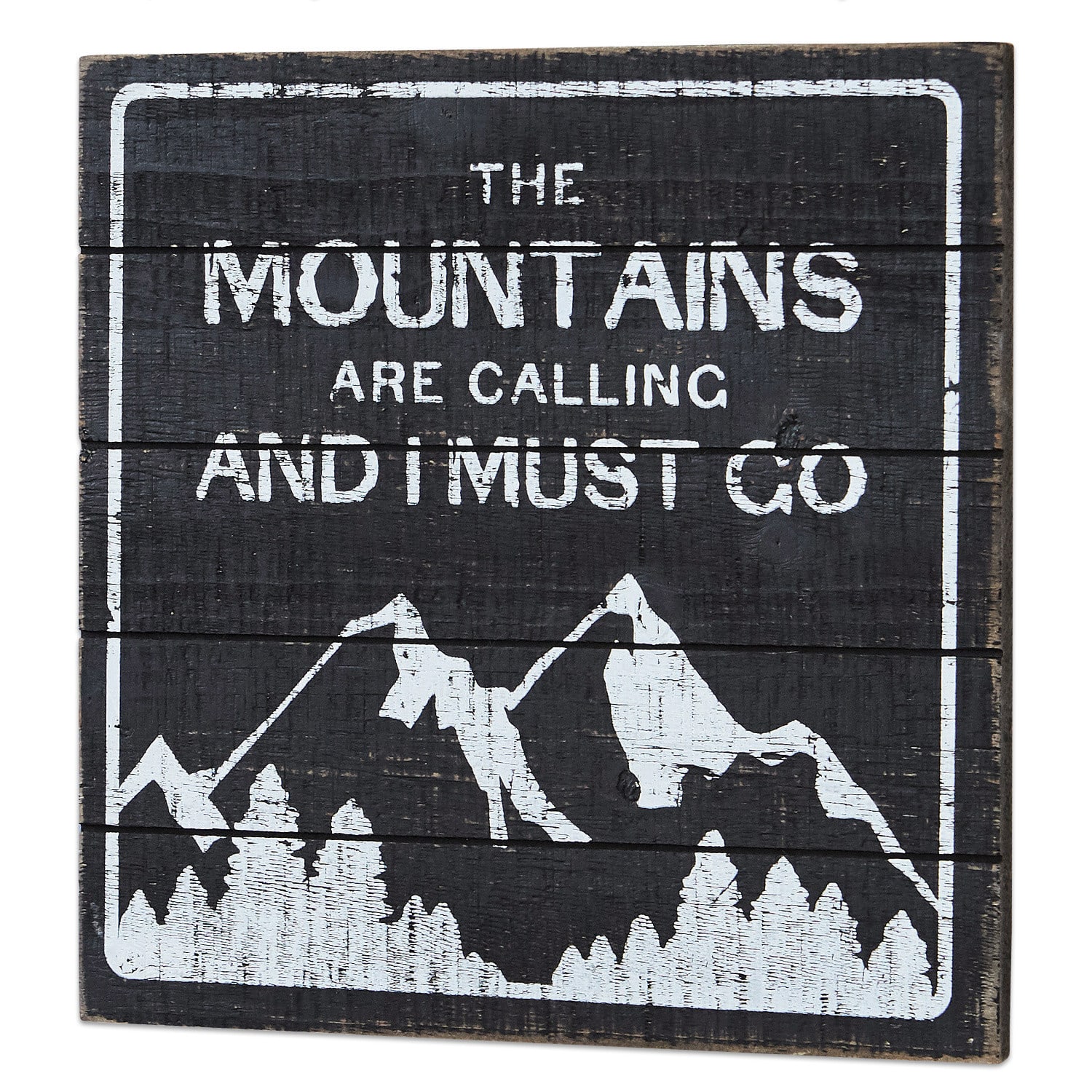 Panneau décoratif Mountain Panneau mural en bois noir avec texte blanc sur les montagnes et illustration de sapins, décoration