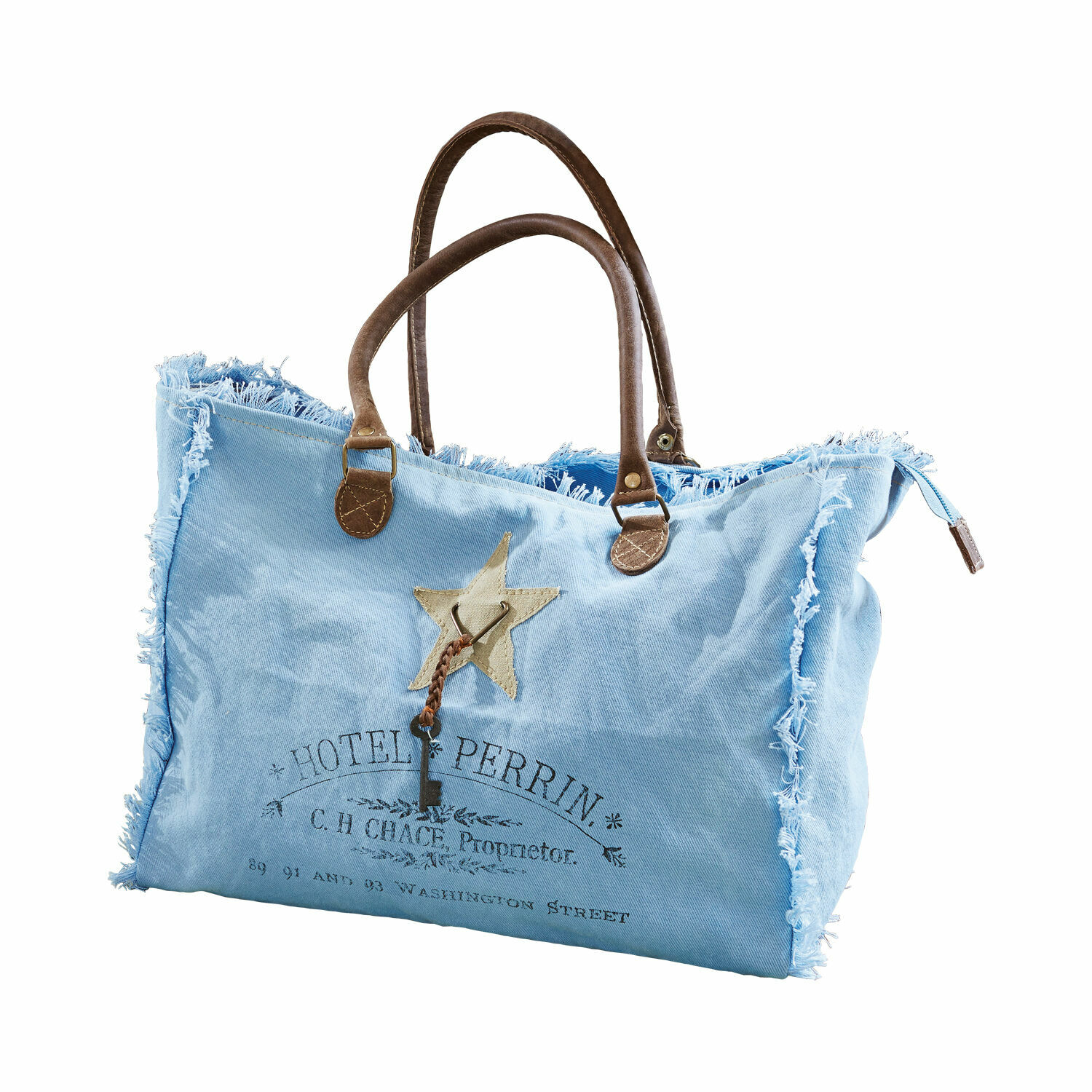 bleu Sac Elora bleu en tissu avec poignées marron et clé décorative, style vintage décontracté