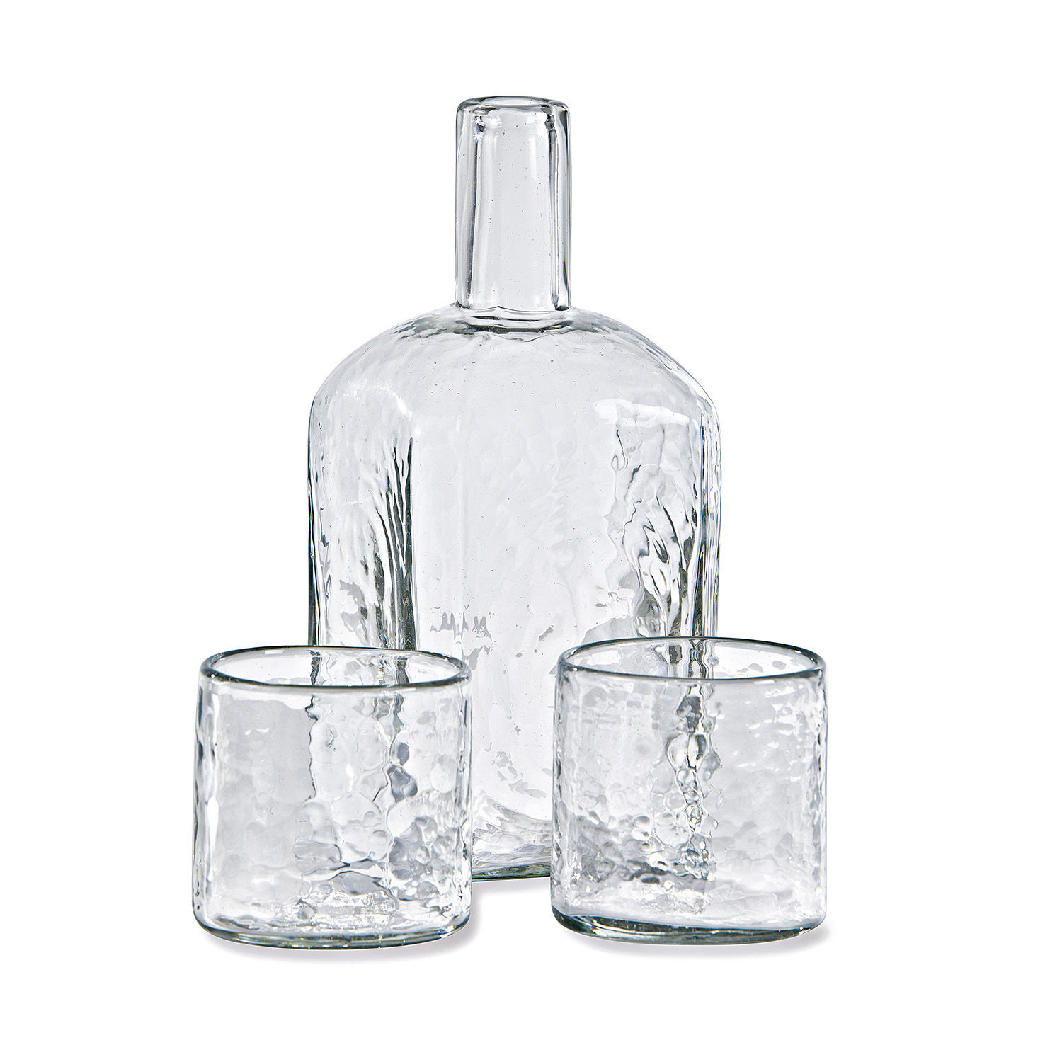 Ensemble carafe et verres Merloar Ensemble en verre transparent avec bouteille et deux verres à texture martelée