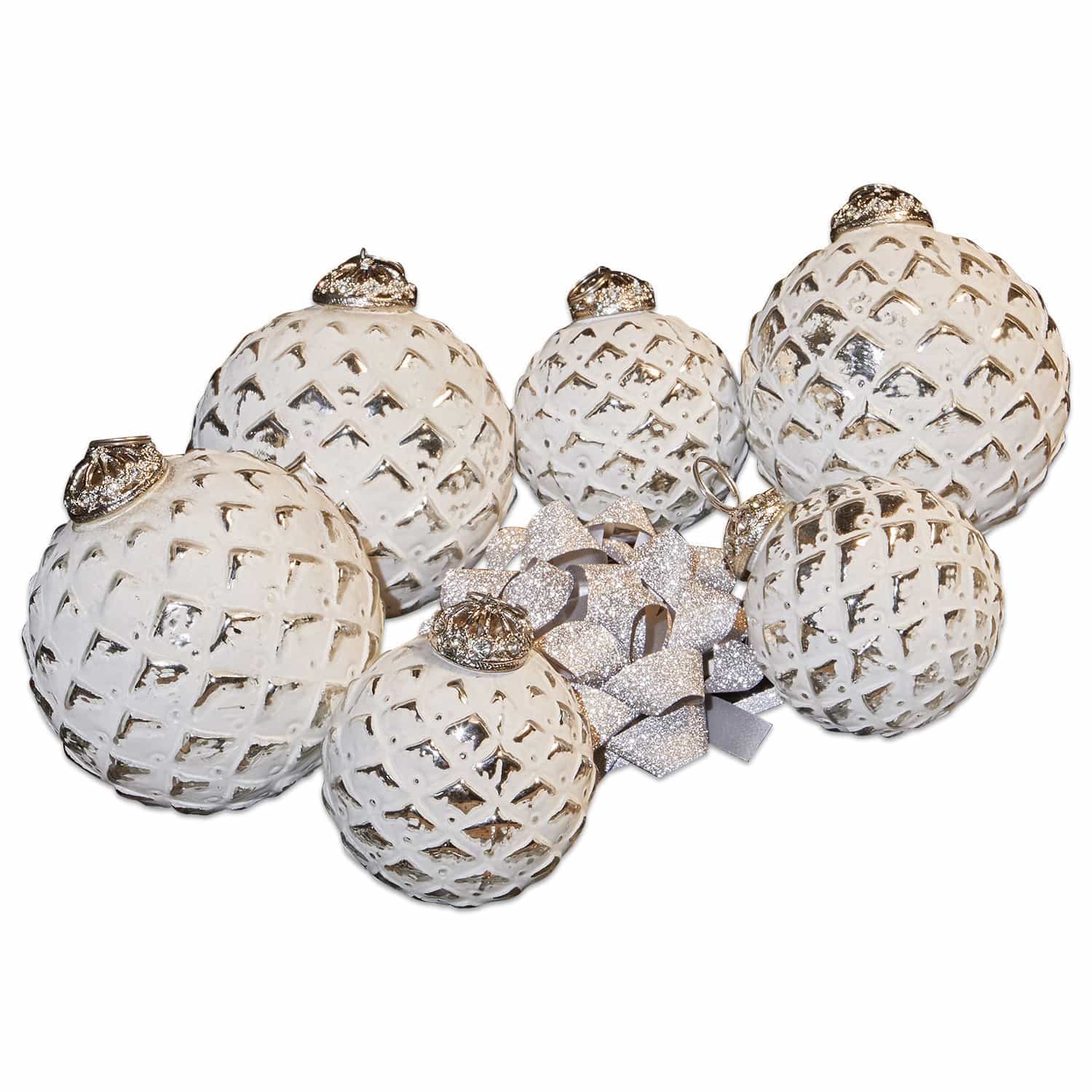 Lot de 6 décorations de Noël Ambria Ensemble de boules de Noël en verre blanc avec motif argenté et nœud pailleté