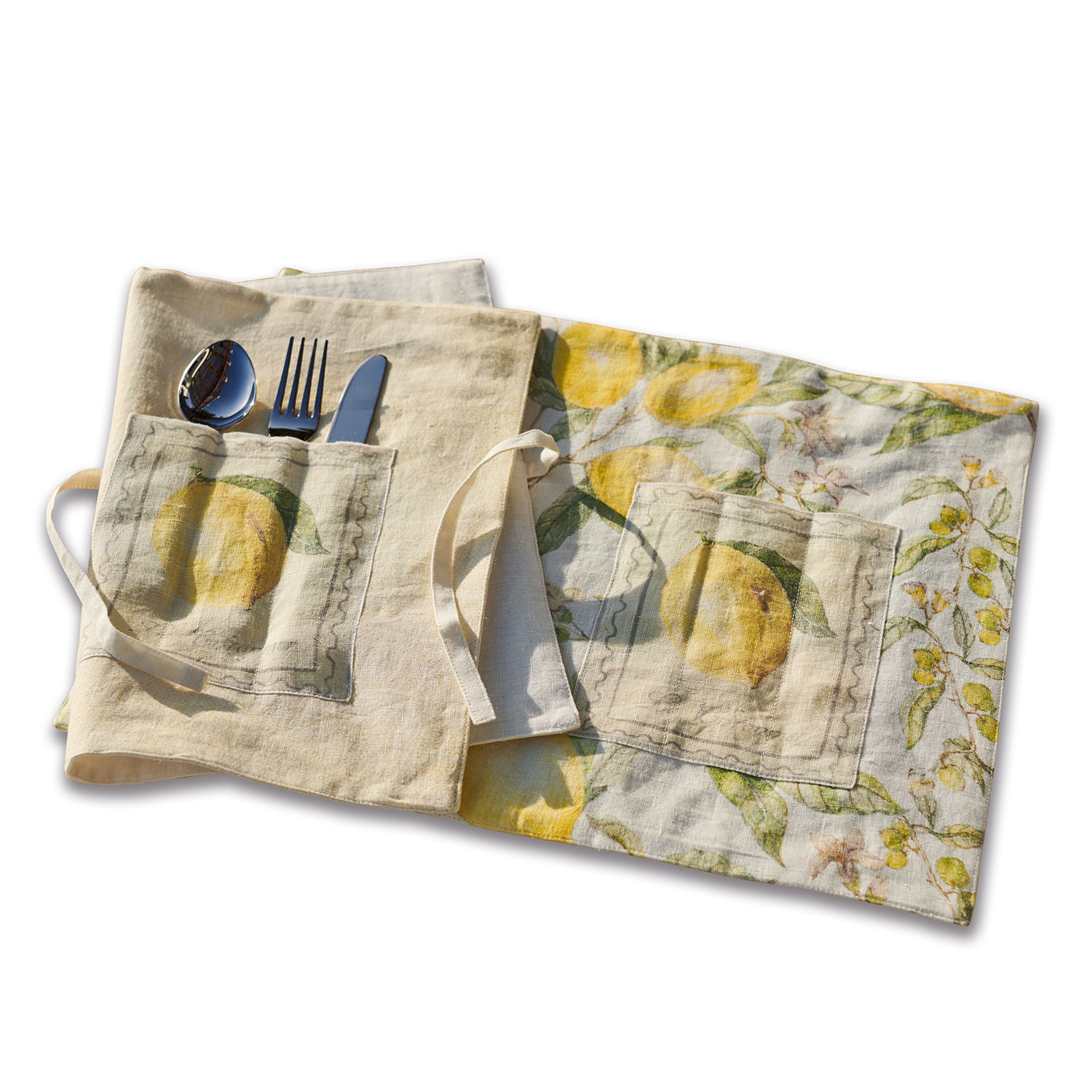 Lot de 2 sets de table Lantagenet Housse en lin pour couverts avec poche et motif citron jaune et vert naturel