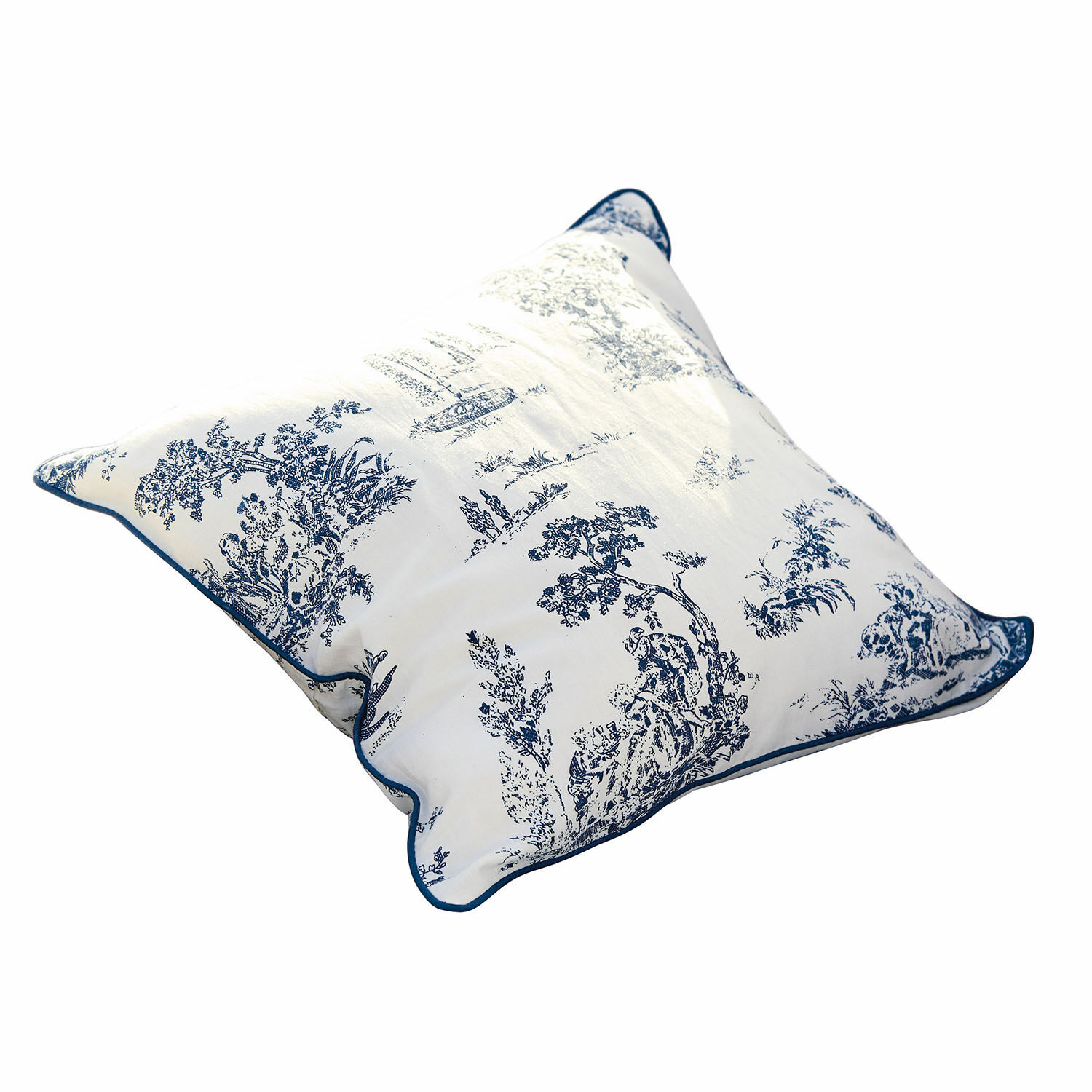Housse de coussin Simone Coussin blanc avec imprimé bleu et bordure marine, décoratif pour salon ou chambre