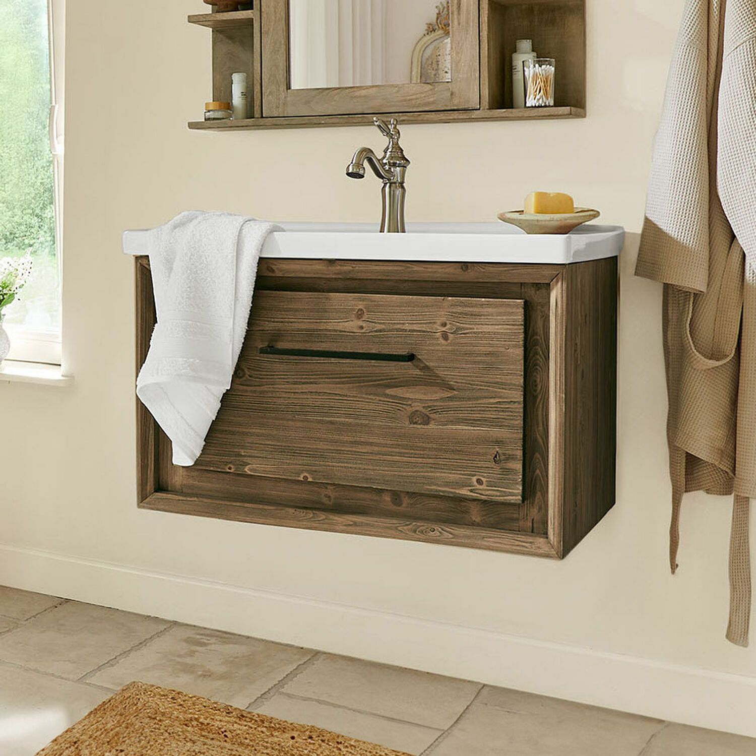 Meuble avec vasque Greenhaven Meuble de salle de bain suspendu en bois brun avec lavabo blanc et robinet chromé