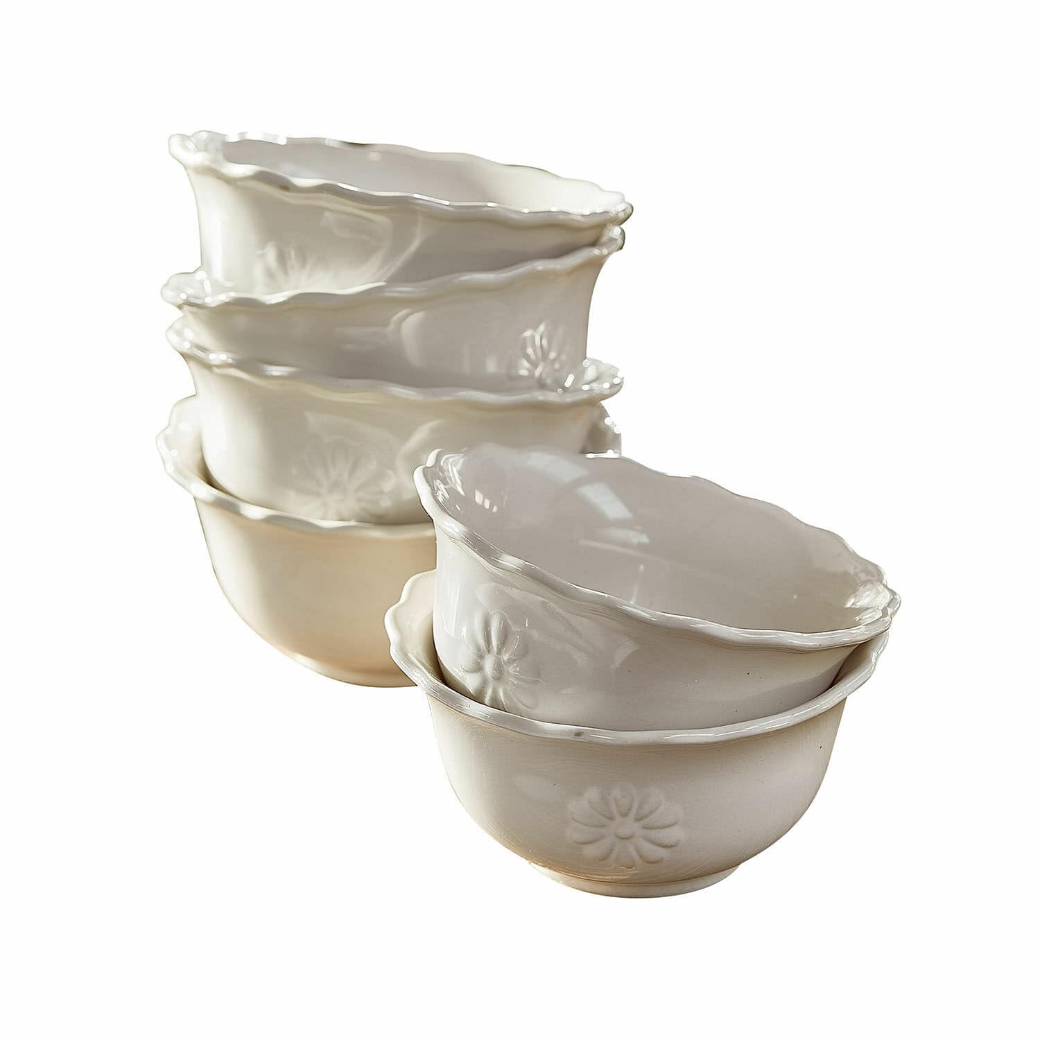 Lot de 6 bols Mallevesse Ensemble de bols en céramique crème avec motif floral et bord ondulé pour la cuisine