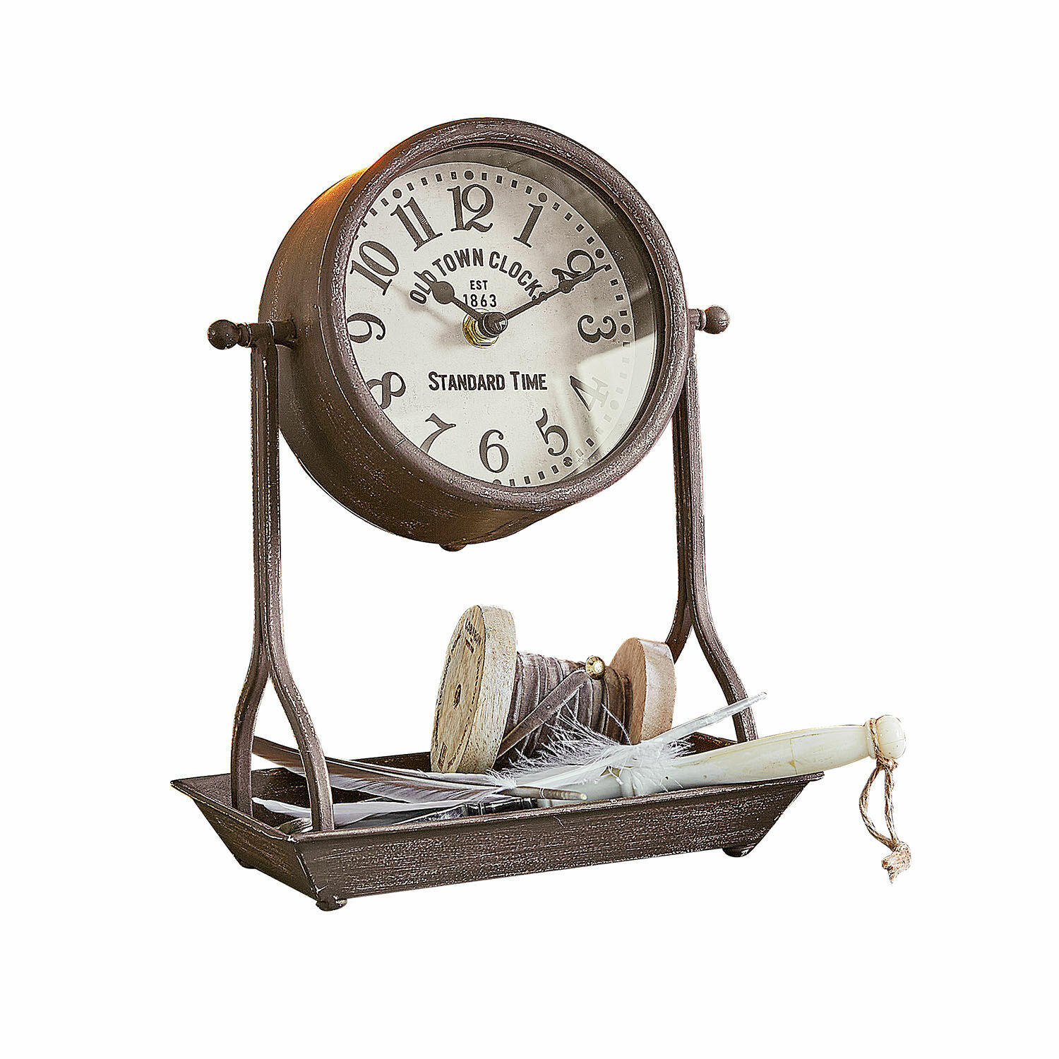 Horloge Vorexil Horloge de table en métal brun avec cadran blanc et plumes décoratives sur plateau