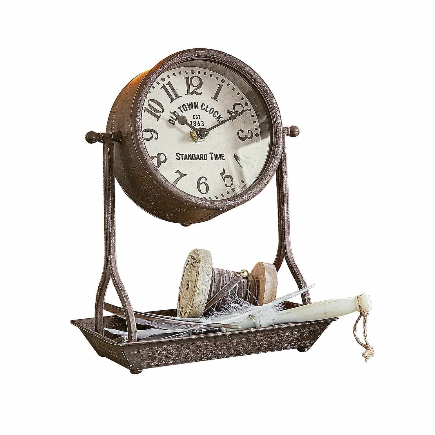 Horloge Vorexil Horloge de table en métal brun avec cadran blanc et plumes décoratives sur plateau