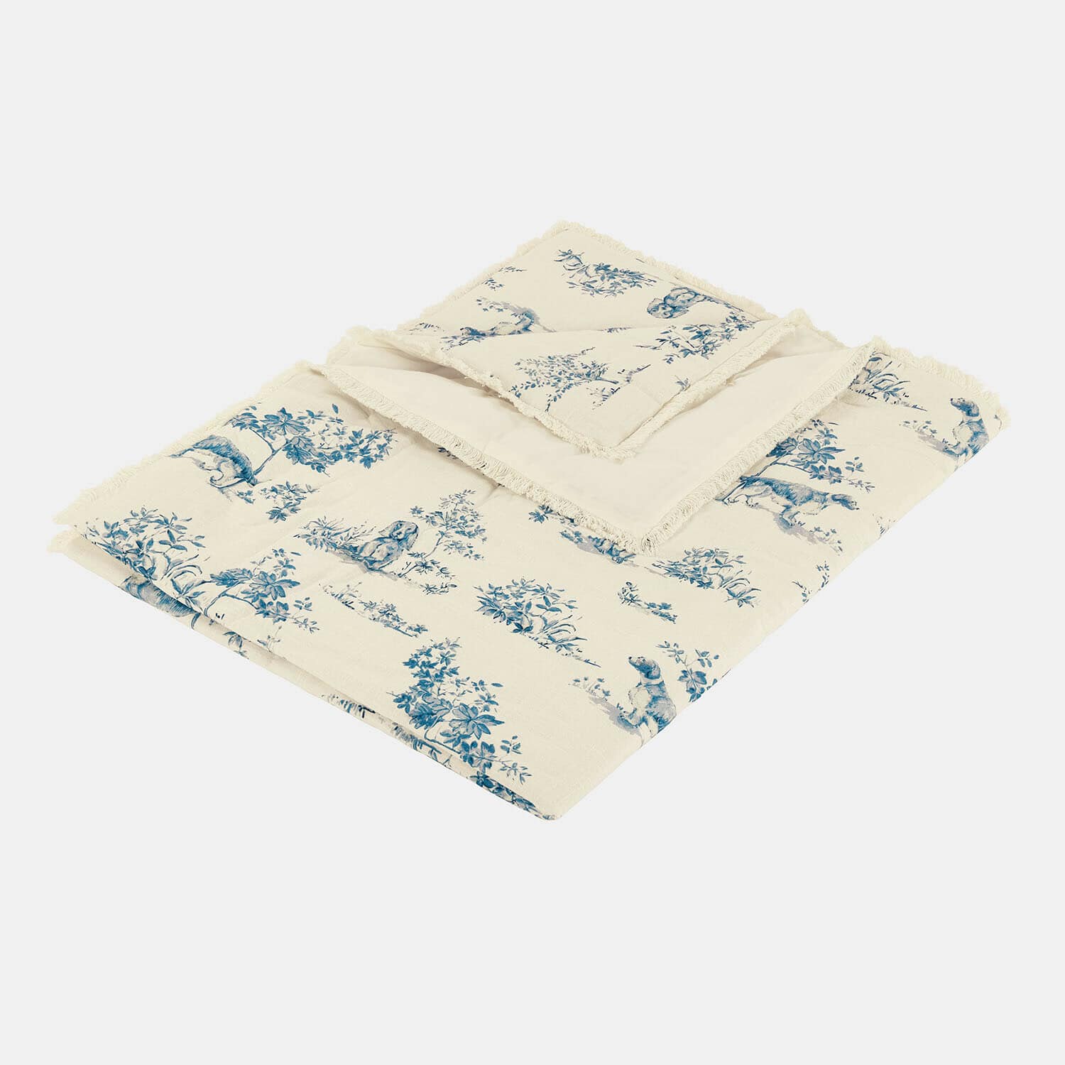 Jeté en coton crème avec motif bleu de plantes et animaux, décoratif et doux au toucher