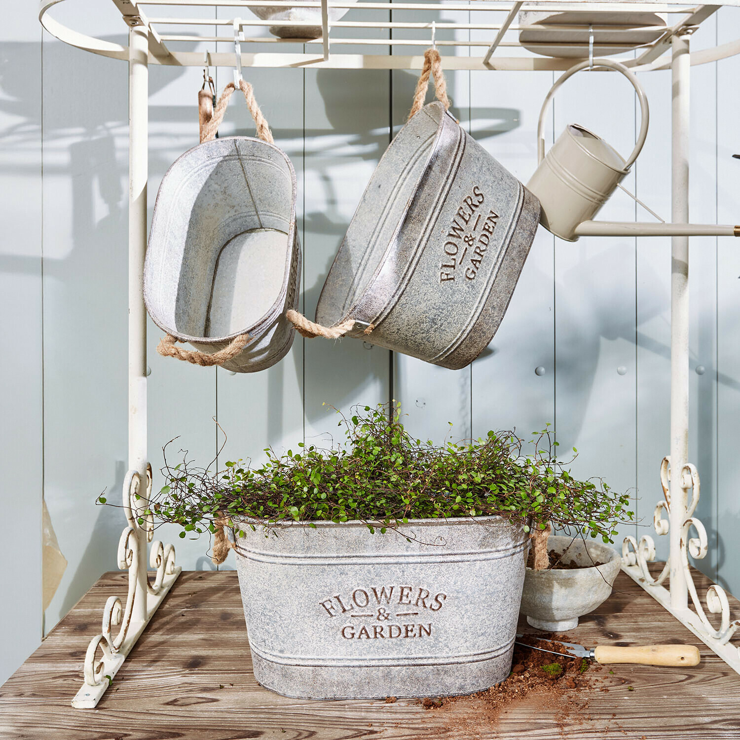 Pots en métal gris avec inscription Flowers & Garden, plante verte et outil de jardinage sur table en bois