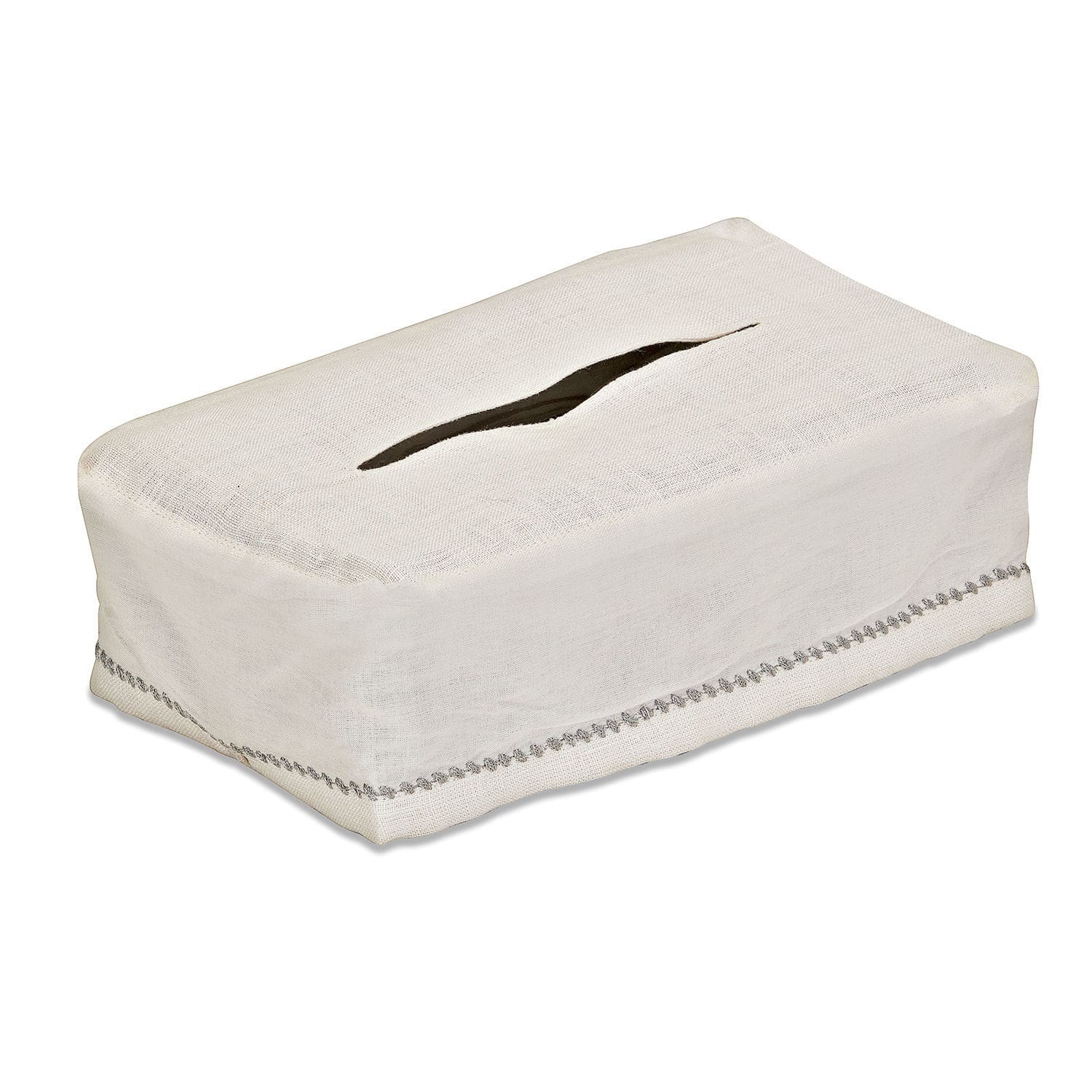 Housse blanche en coton pour boîte à mouchoirs avec bordure grise, accessoire pratique pour la maison