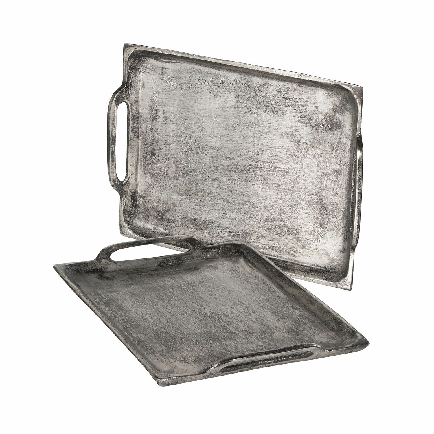 Lot de 2 plateaux Branora Ensemble de deux plateaux métalliques argentés avec poignées, style industriel pour servir