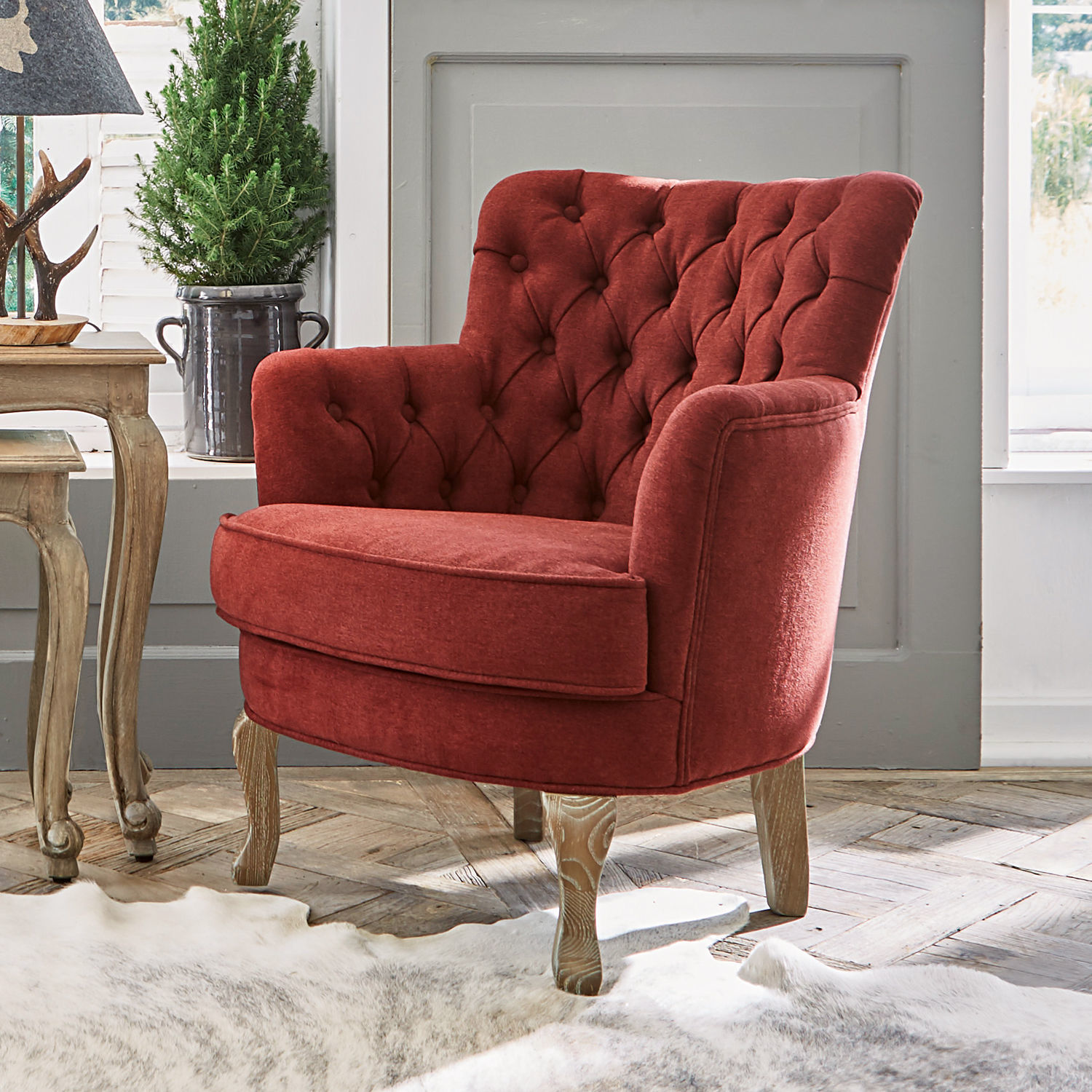 Fauteuil Calgary Fauteuil rembourré rouge avec pieds en bois style vintage pour salon confortable