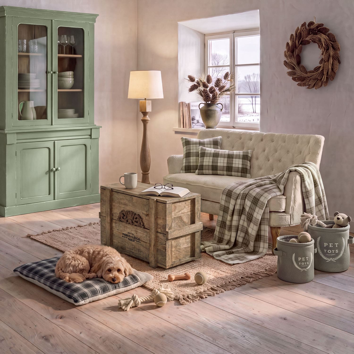 Salon chaleureux avec canapé crème, vitrine verte en bois et table basse en bois rustique