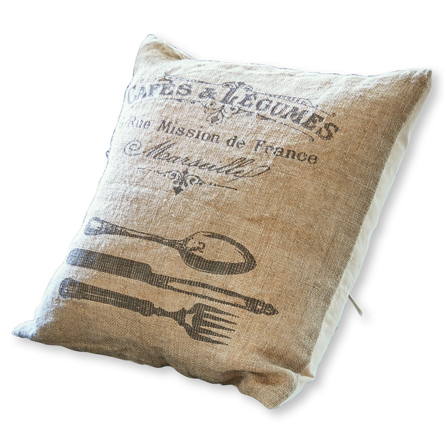 Housse de coussin Depew Coussin beige en lin avec impression de couverts et texte français, décoration vintage.