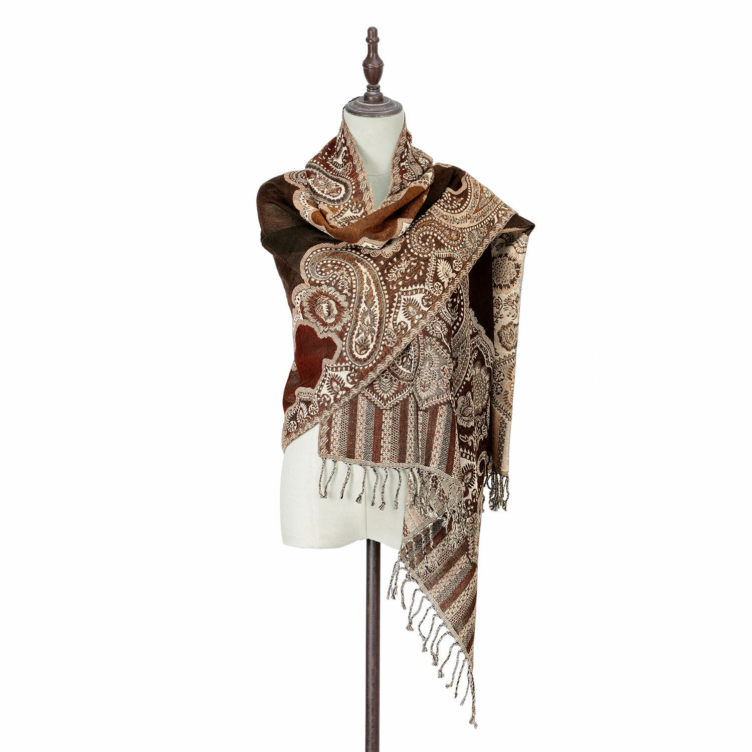 Étole Crédin Châle marron à motif paisley avec franges, tissu doux, accessoire mode pour temps frais