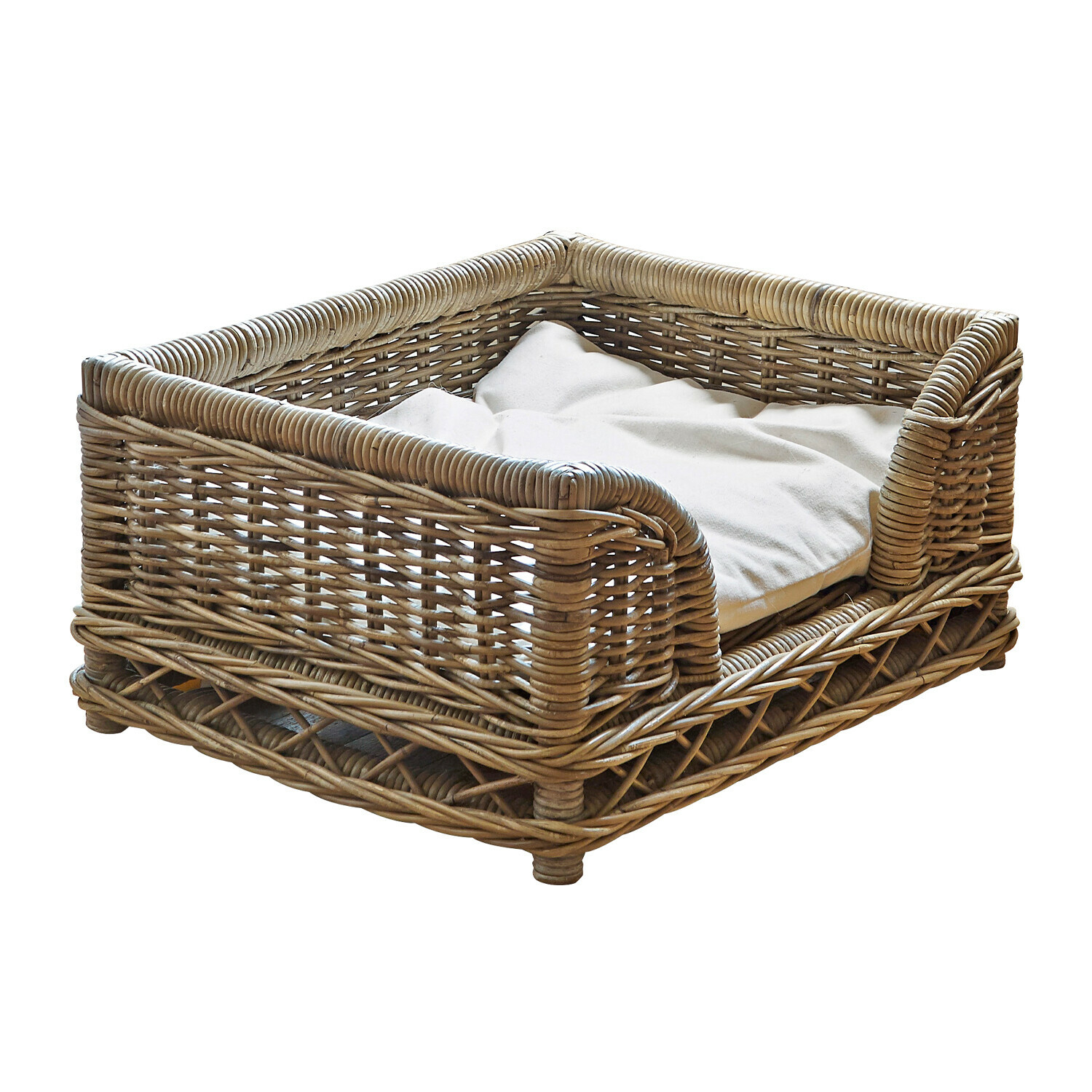 Panier pour chien Gorron Panier carré en osier avec coussin crème, lit pour animaux en matériau naturel et couleur beige