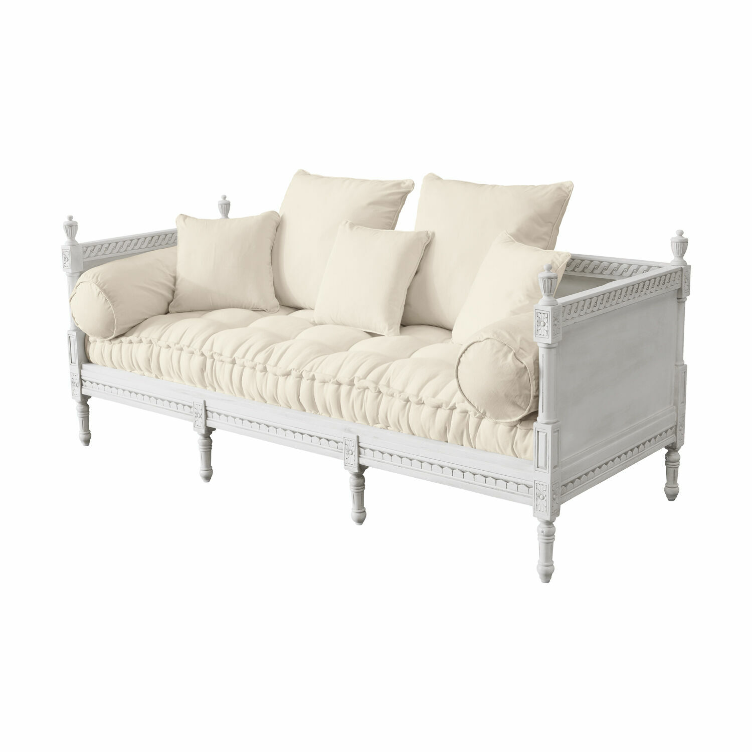gris/lin Canapé Douville en lin gris avec cadre en bois blanc sculpté, meuble élégant pour salon