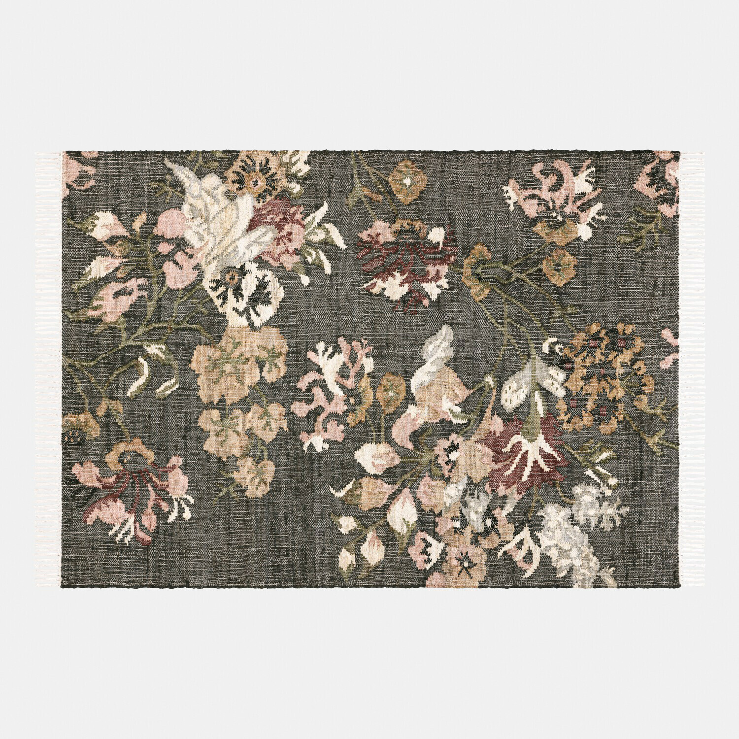 Tapis Yasirah Tapis à motif floral gris et beige avec franges, décoration élégante pour salon