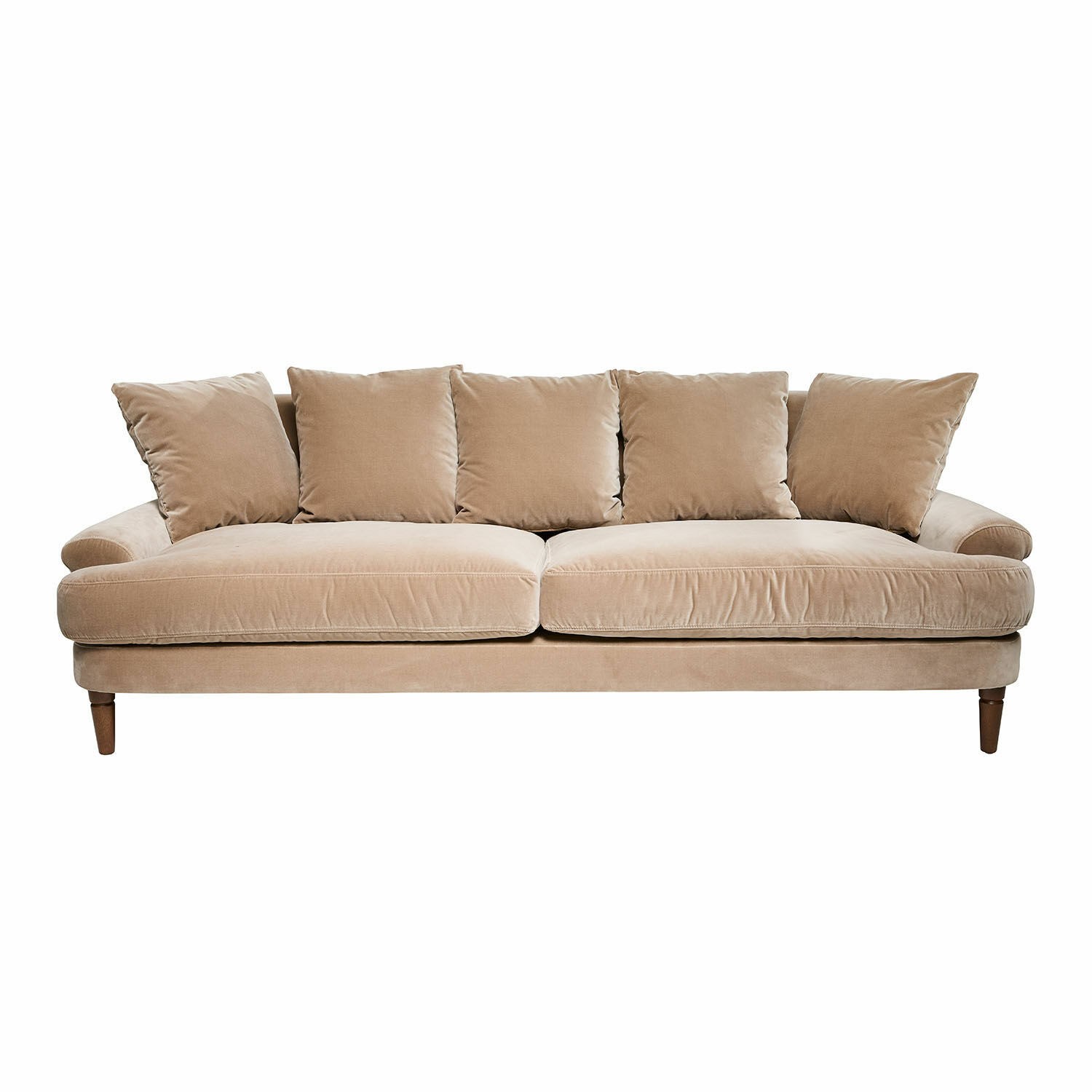 Canapé Rivermere Canapé beige en tissu doux avec cinq coussins et pieds en bois, meuble confortable pour salon