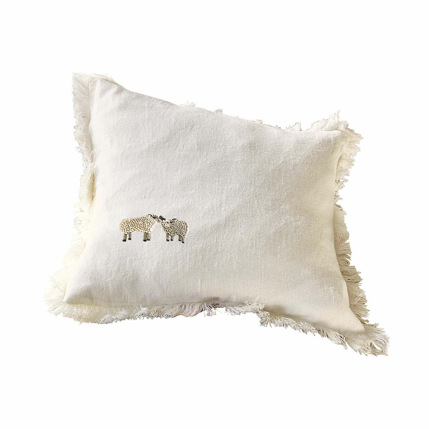 Housse de coussin Erianna Coussin en lin blanc avec franges et broderie de deux moutons, décoration intérieure douce