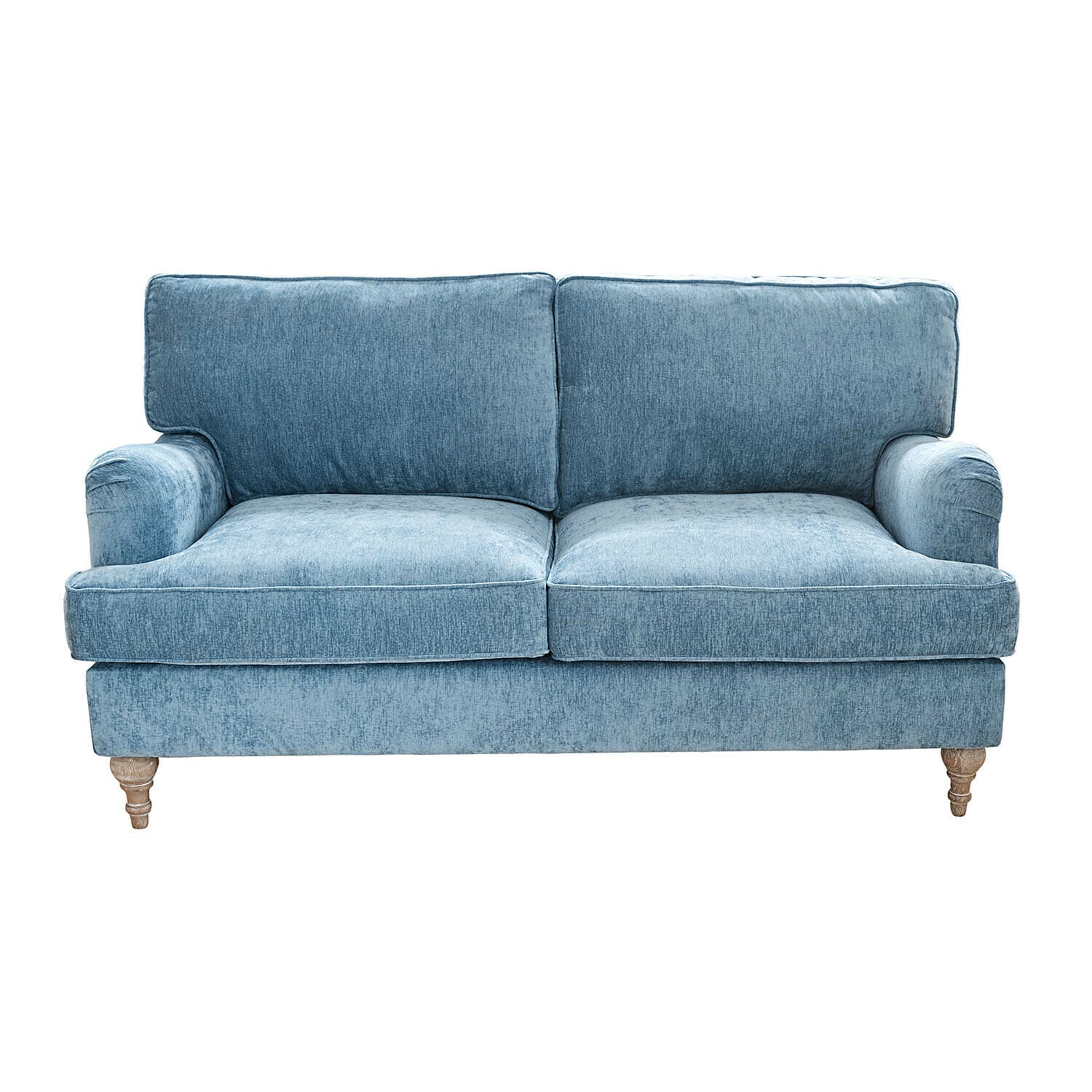 Canapé Elvika en velours bleu clair avec pieds en bois, meuble confortable pour salon moderne