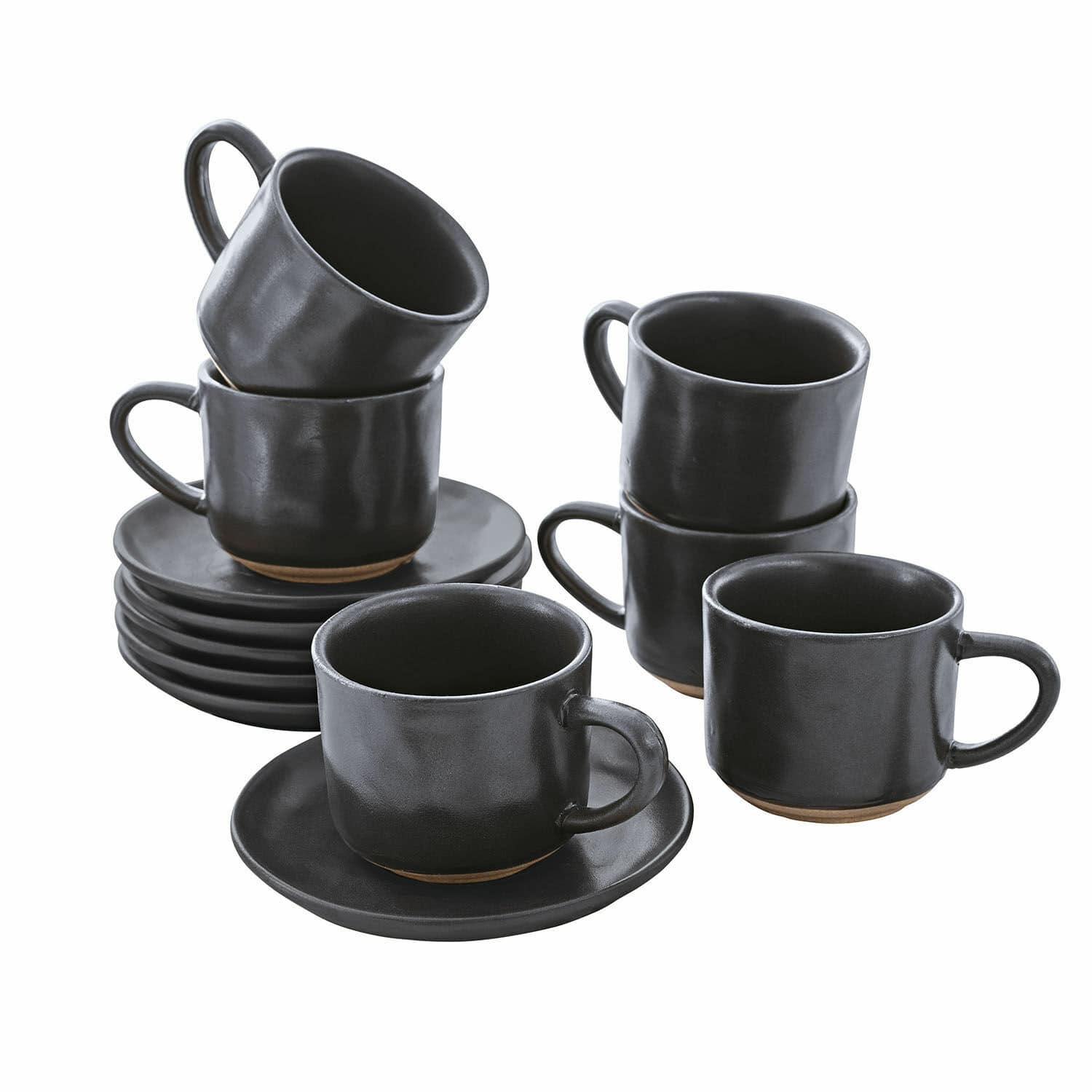 Ensemble de 6 tasses à espresso noires en céramique avec soucoupes, design moderne pour café