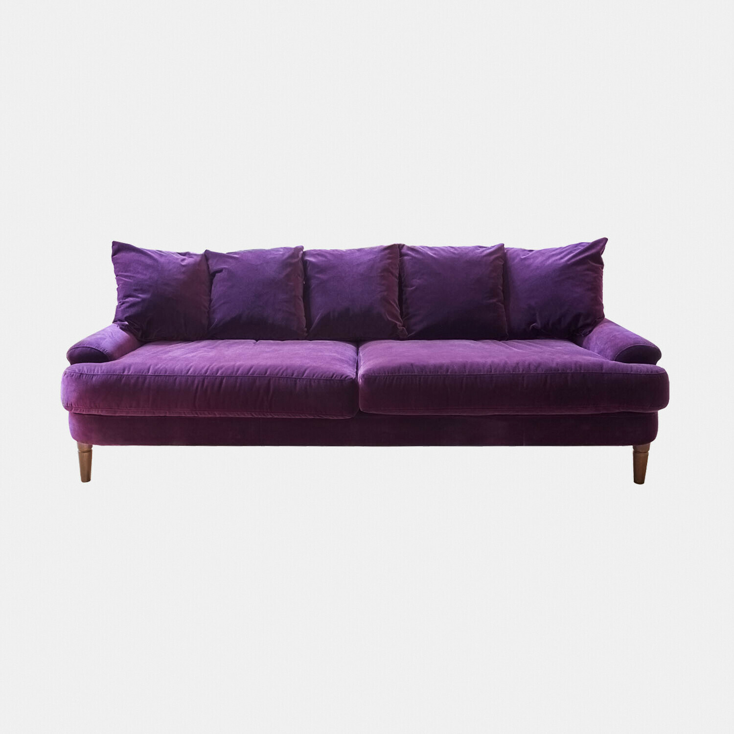 violet Canapé Rivermere violet en velours doux avec coussins et pieds en bois, meuble confortable pour salon