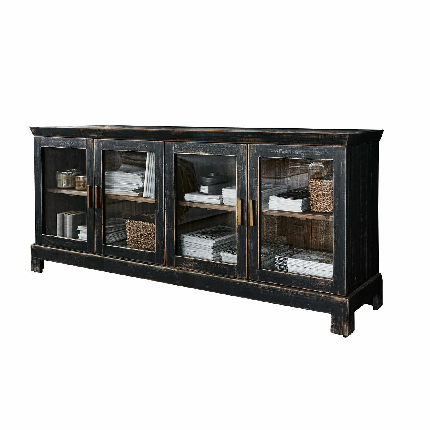 Buffet bas Nivelles Vitrine en bois noir avec portes vitrées et poignées en laiton, style vintage élégant