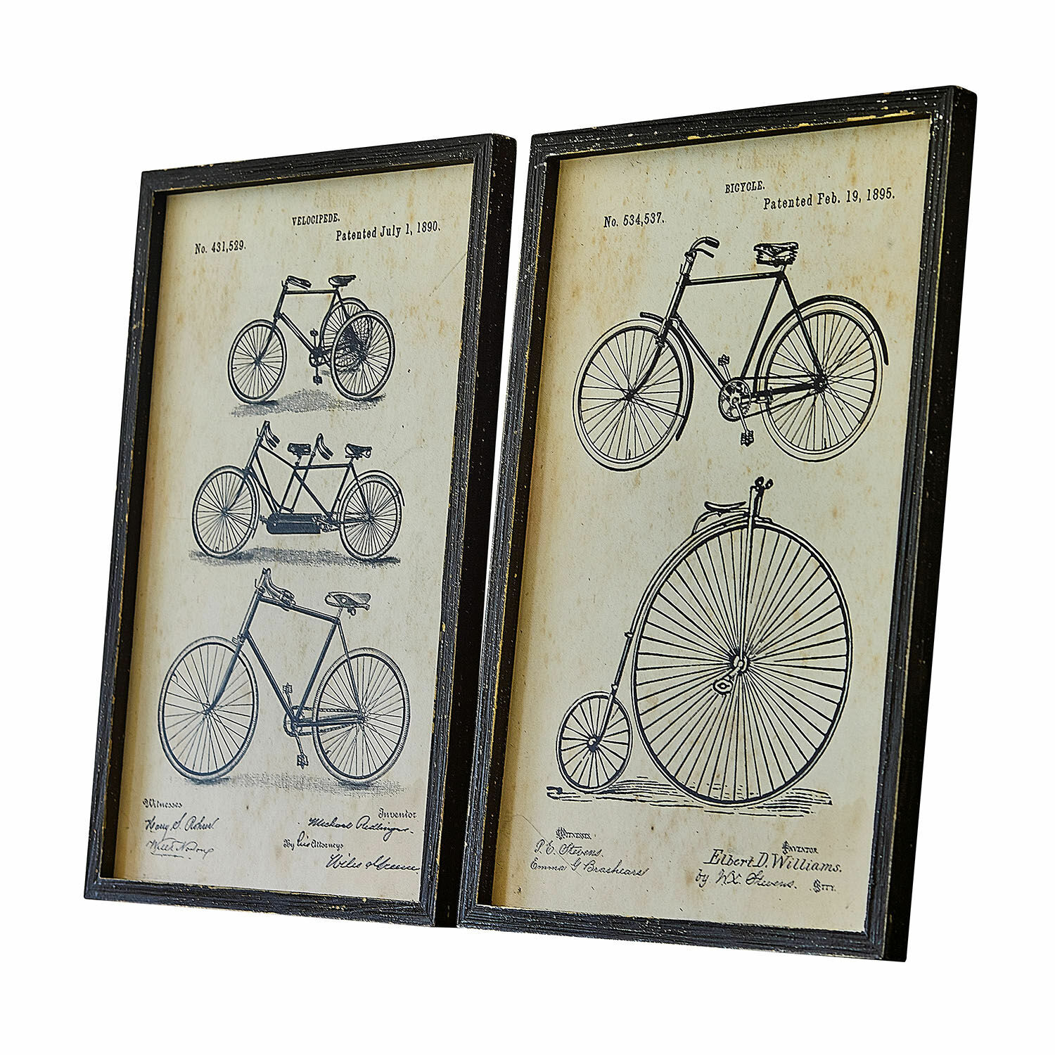 Lot de 2 tableaux Golovine Deux cadres noirs avec dessins de vélos anciens sur fond beige, décoration murale vintage