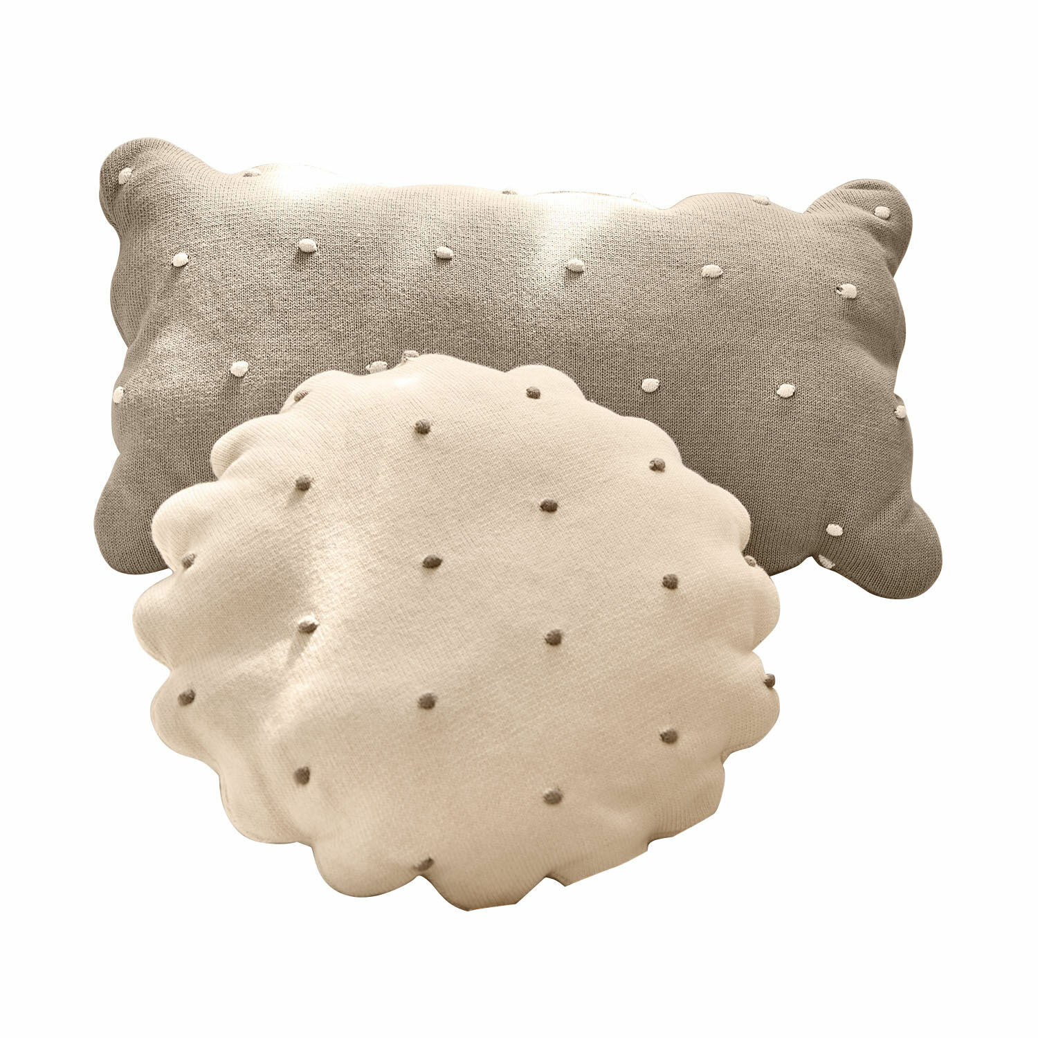 Lot de 2 coussins Saphie Ensemble de deux coussins décoratifs en coton beige et gris avec des petits pompons décoratifs