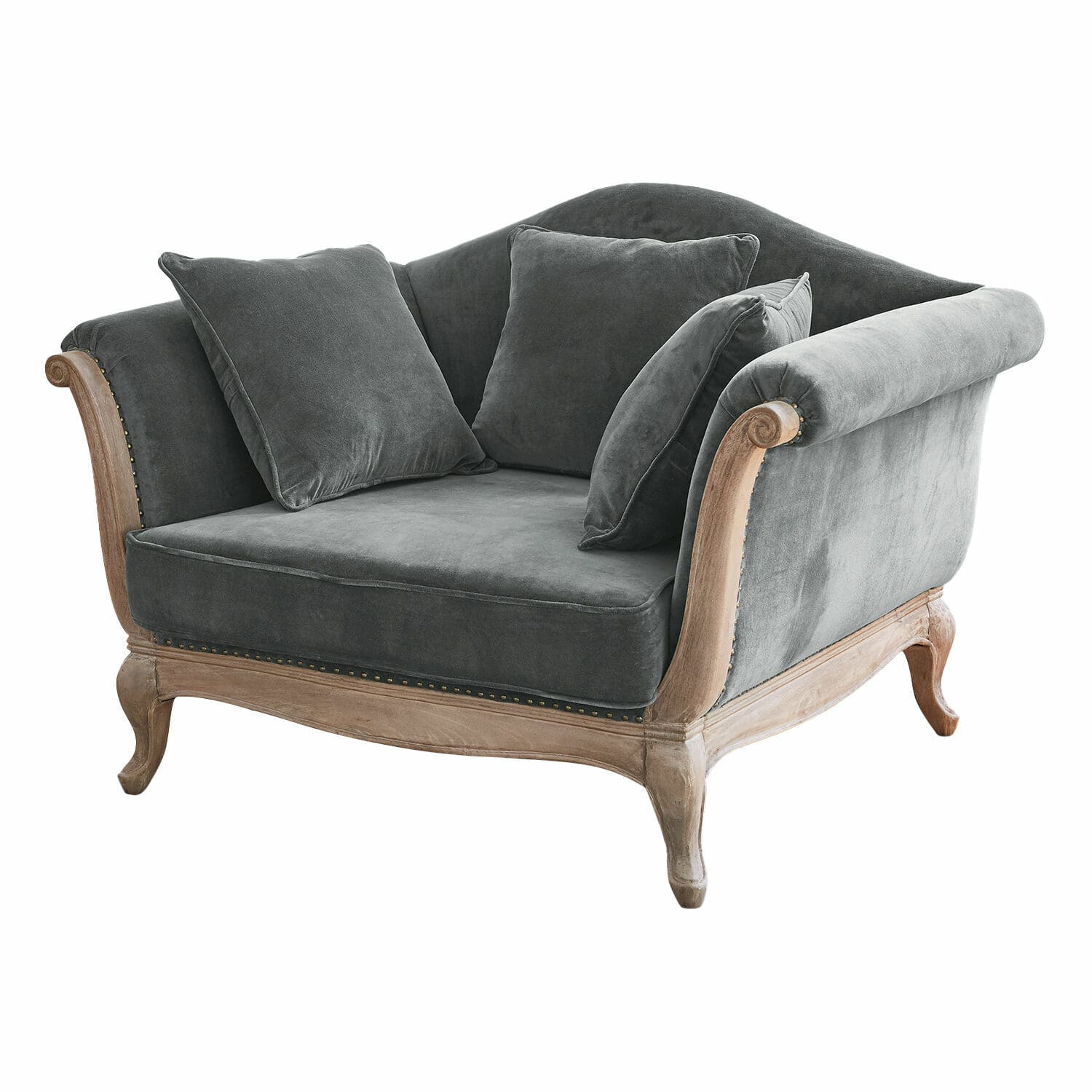 Fauteuil Sumerset Canapé vintage en velours gris avec cadre en bois naturel et coussins moelleux