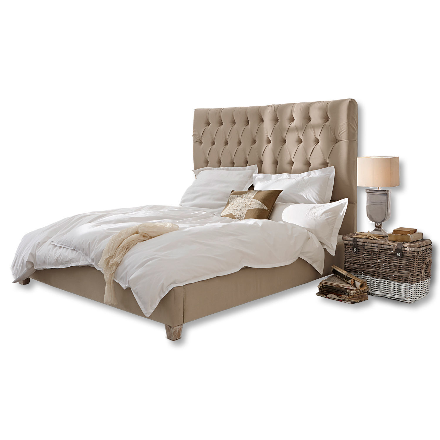 lin Lit Benton en lin beige avec tête de lit capitonnée, mobilier de chambre élégant et confortable