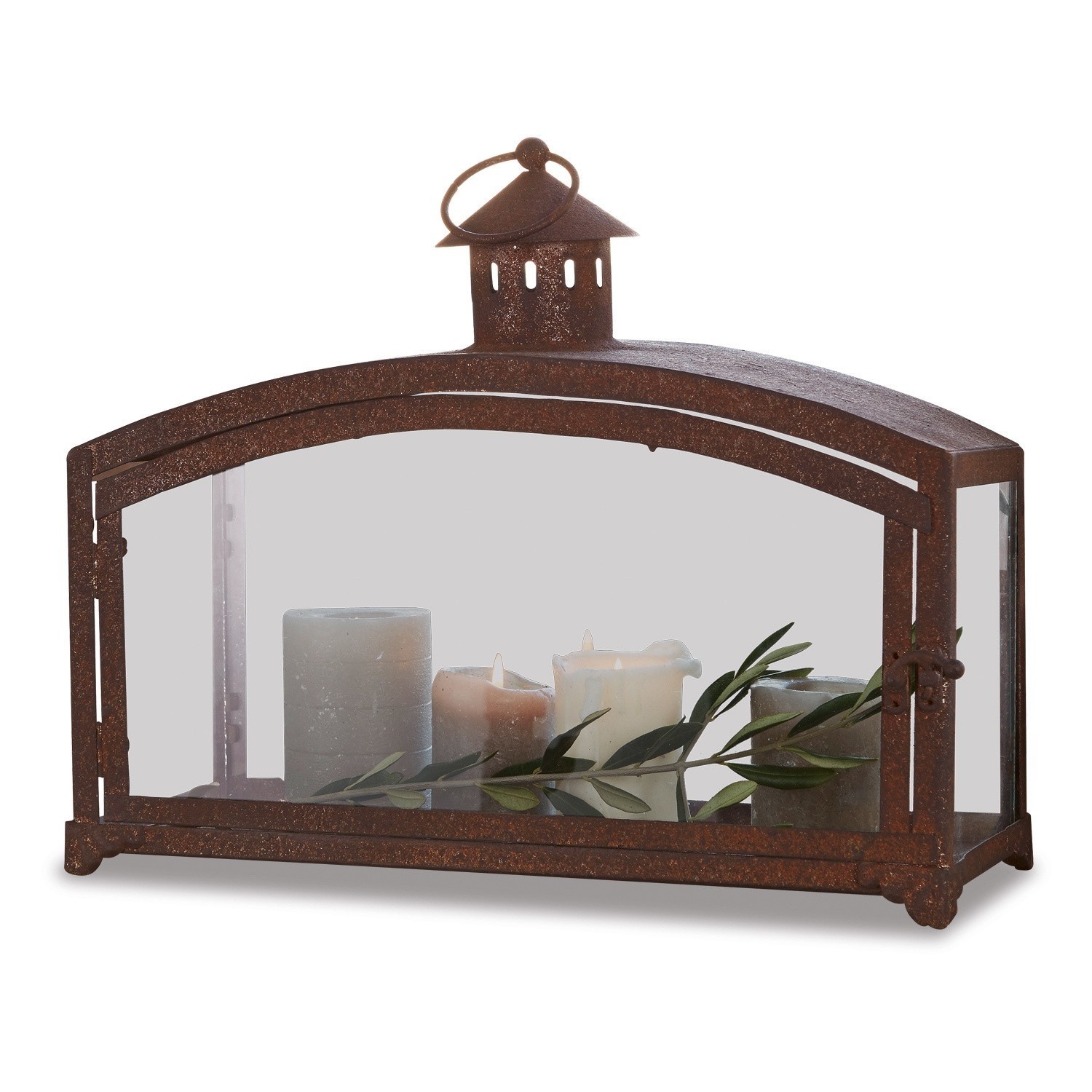 Lanterne Miora Lanterne rustique en métal couleur rouille avec quatre bougies et feuilles vertes pour décoration intérieure