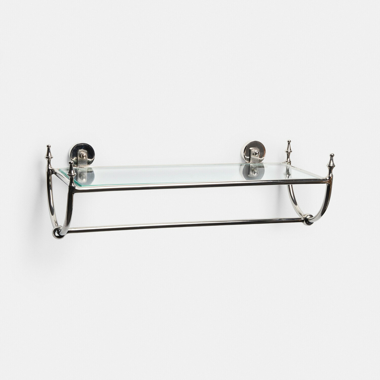 Étagère murale en verre avec cadre métallique argenté, idéale pour salle de bain ou cuisine