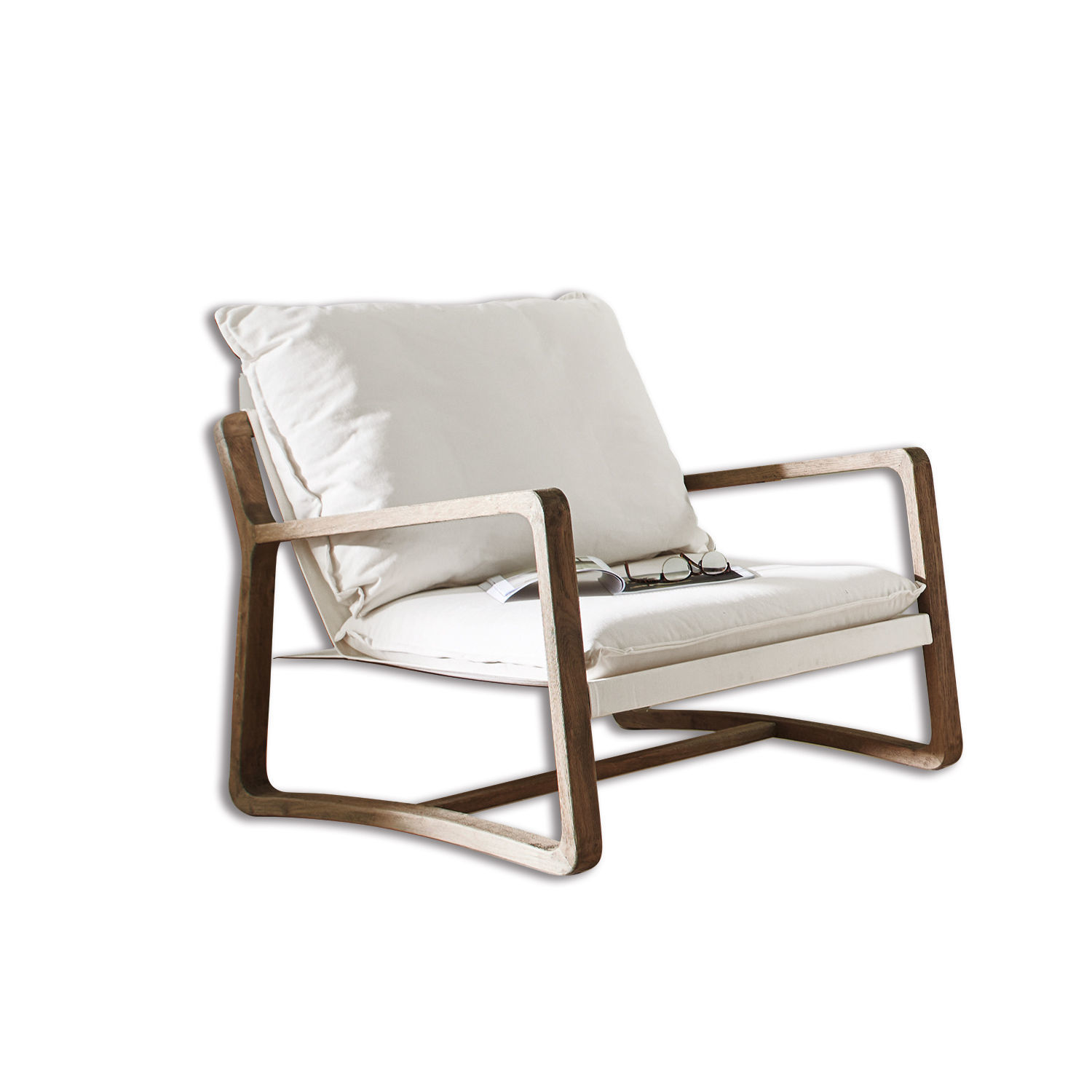 Fauteuil Jowna Fauteuil en bois avec coussins crème, meuble moderne pour salon confortable